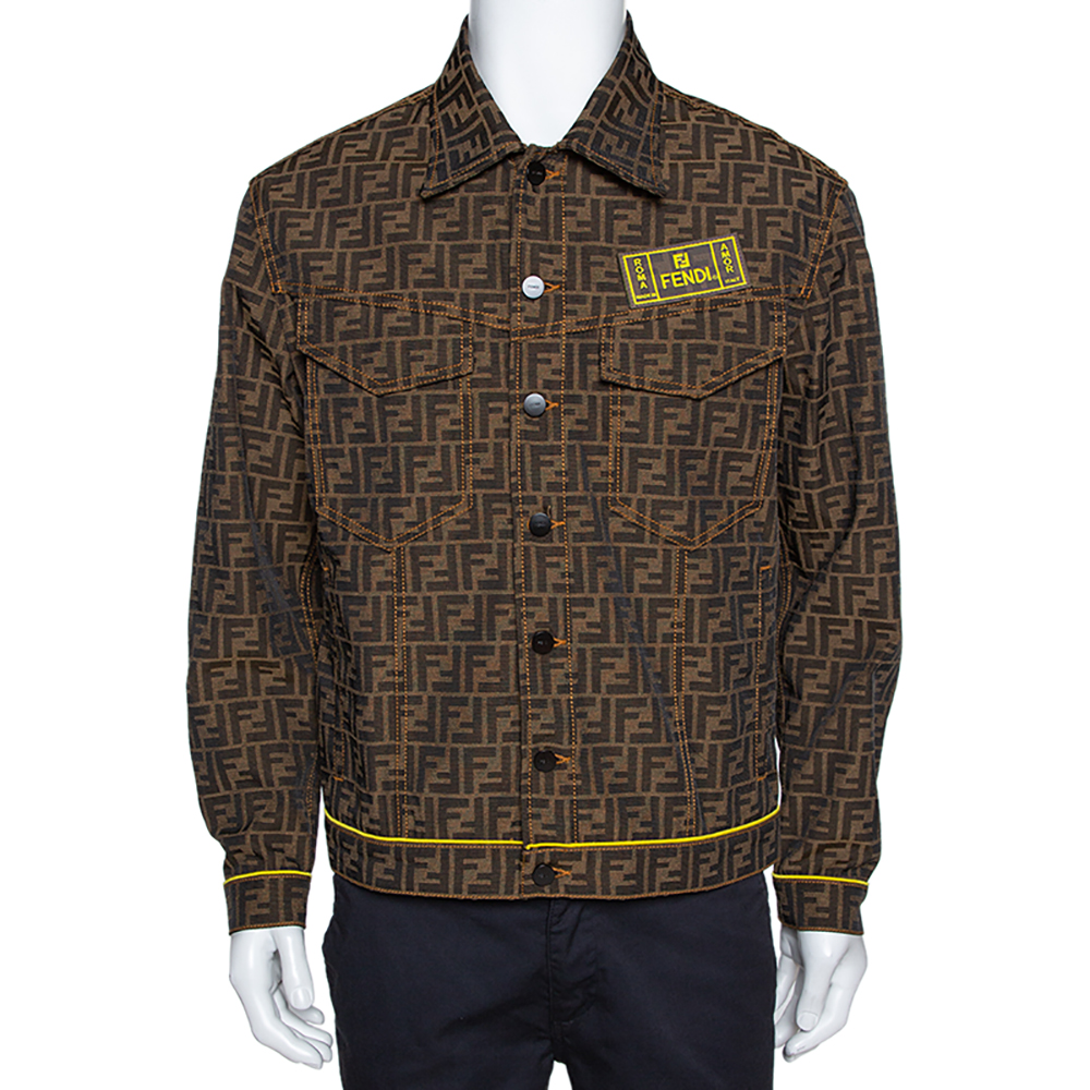 Pre-owned Fendi Brown Zucca Monogram Jacquard Button Front Jacket M ...
