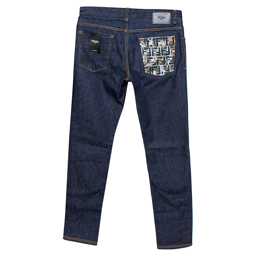 

Fendi Navy Blue Denim Camo Pocket Detail Tapered Jeans