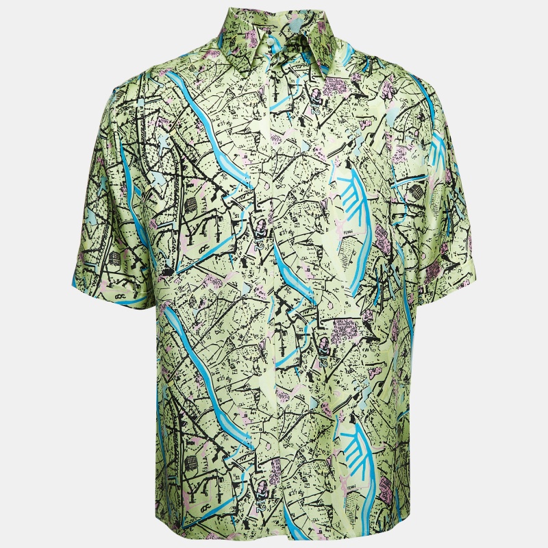 Pre-owned Fendi Green Map Print Silk Twill Short Sleeve Shirt L