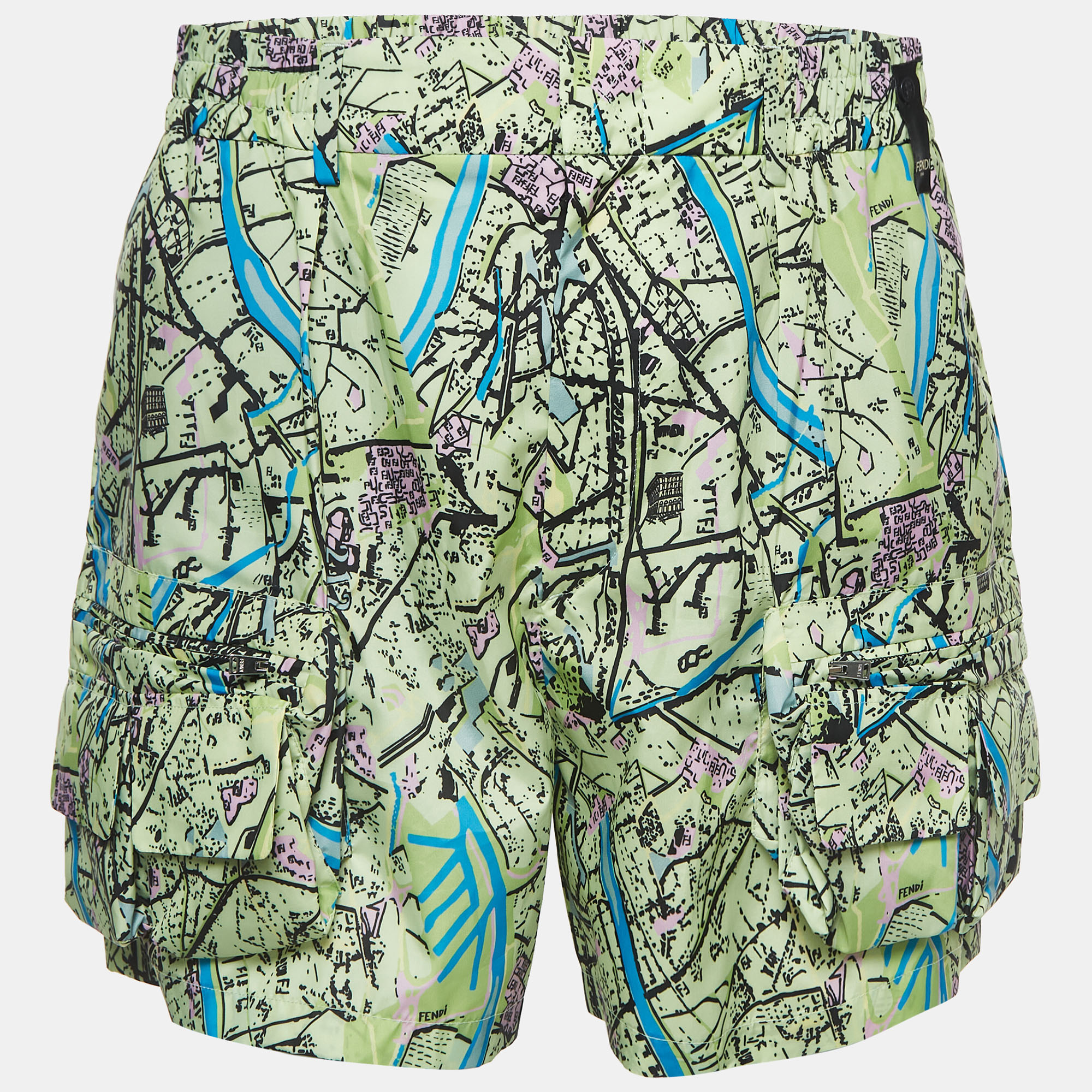 

Fendi Green Map Print Synthetic Pocket Detail Bermuda Shorts
