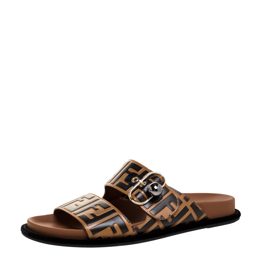 Fendi Dark Brown Zucca Leather Slide Sandals Size 40 Fendi | The Luxury ...