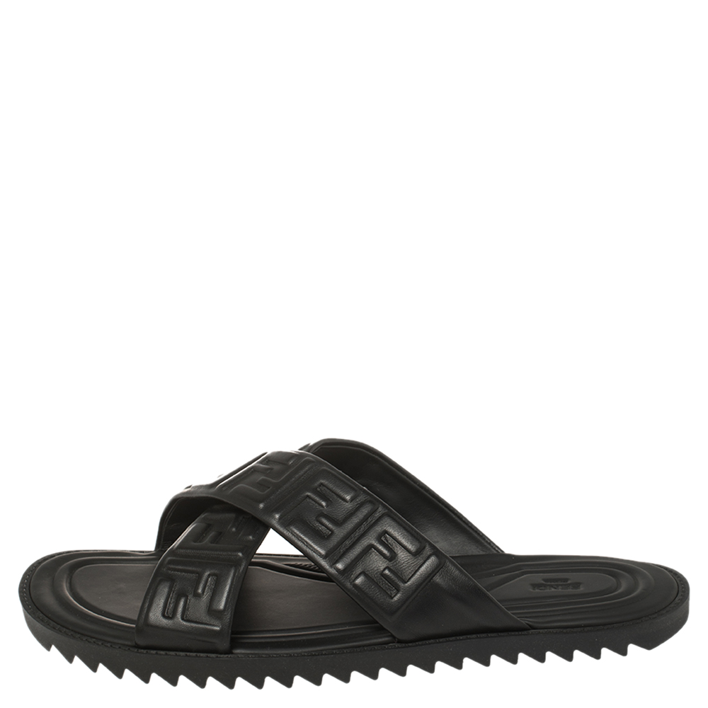 

Fendi Black Leather Embossed FF Logo Flat Sandals Size