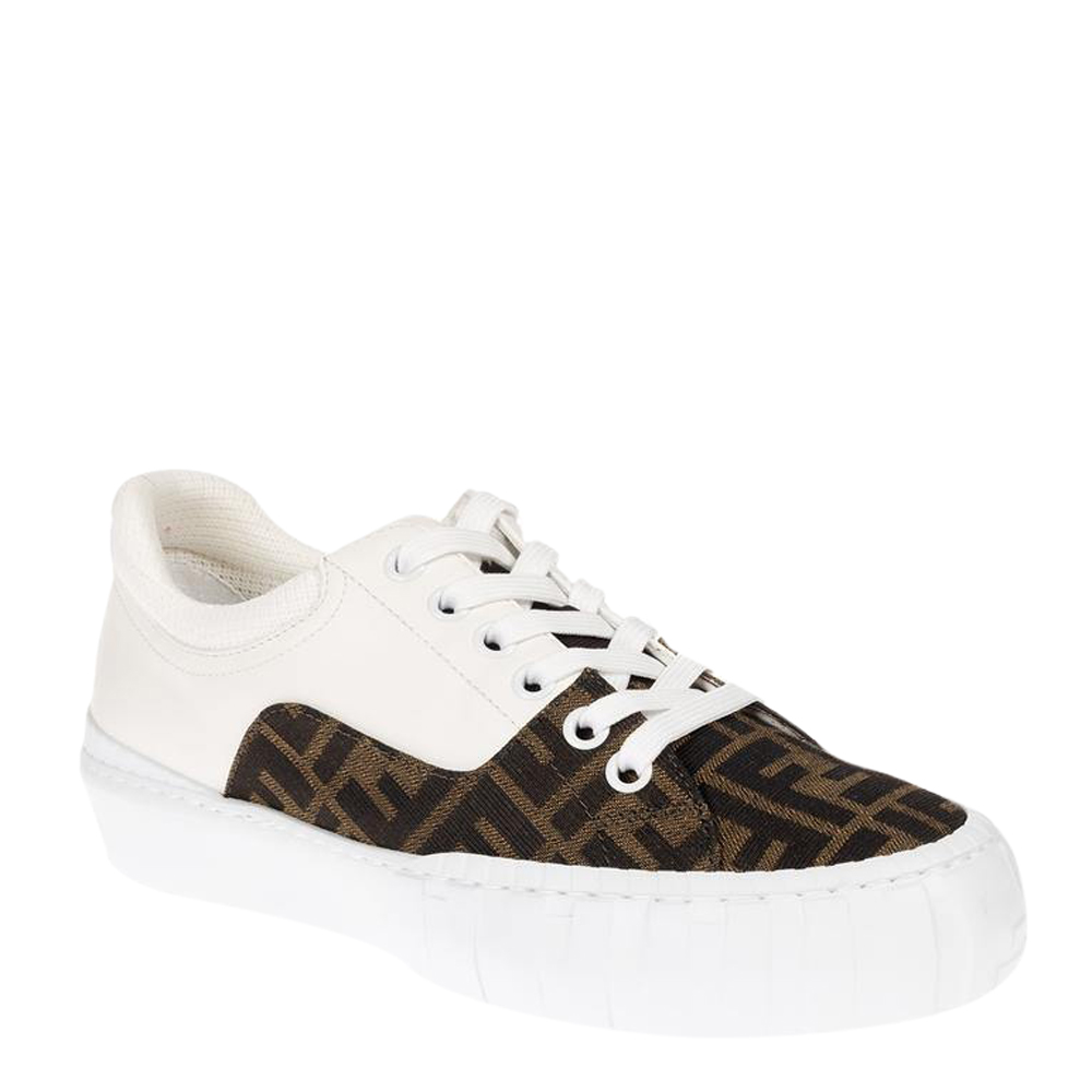 

Fendi White/Brown Leather and Logo-Jacquard Sneakers Size UK 8 EU