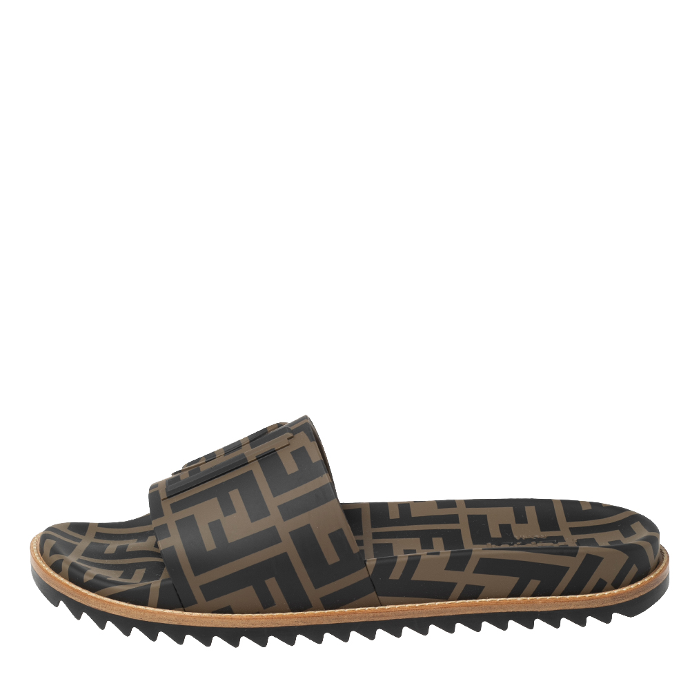 

Fendi Brown/Black Zucca Rubber Flat Slide Sandals Size
