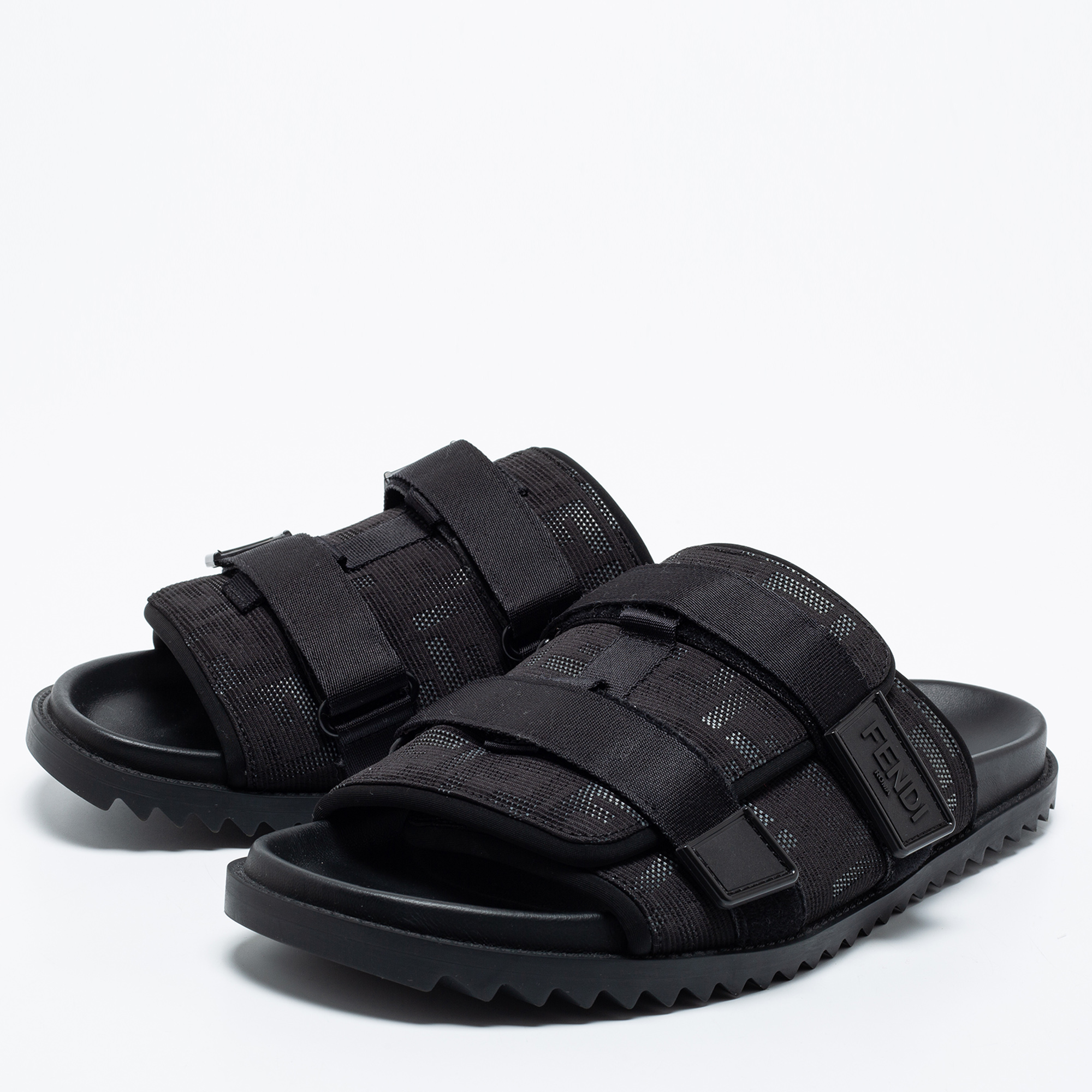 

Fendi Black Canvas Strapped Embossed FF Logo Slide Size