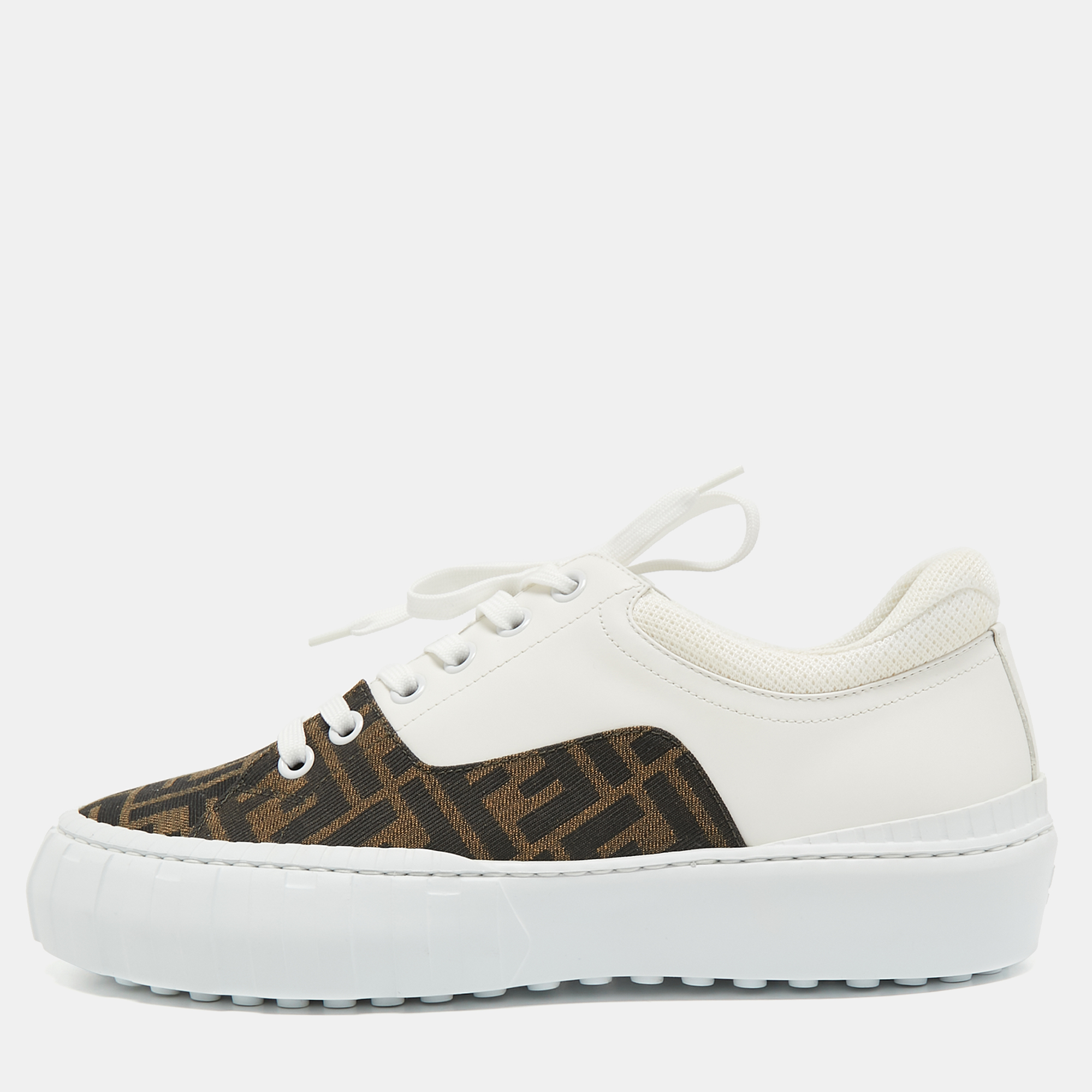 Fendi White/Brown FF Canvas and Leather Motif Lace Up Sneakers Size 44