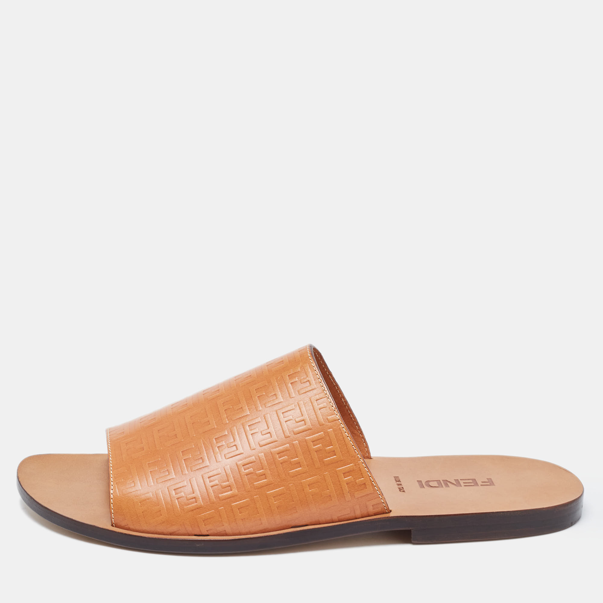 

Fendi Tan Zucca Embossed Leather Slides Size