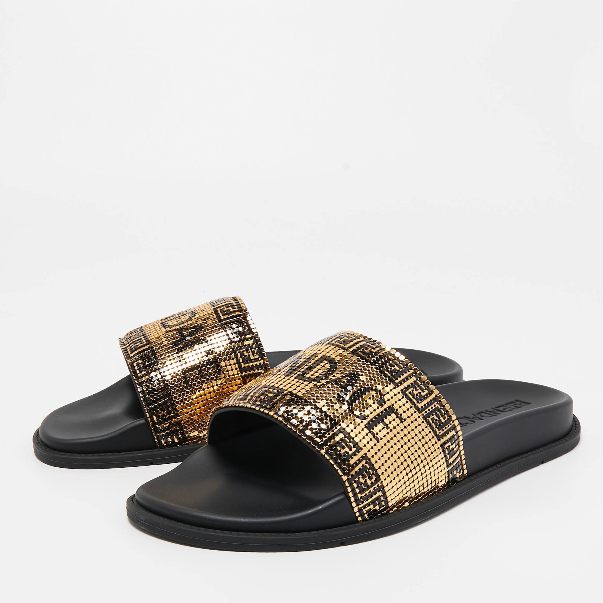 

Fendi X Versace Gold Metal and Rubber Flat Slides Size