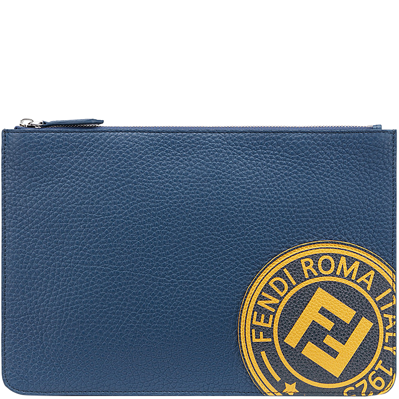 Pre Owned Fendi Blue Roman Leather Slim Zipped Pouch