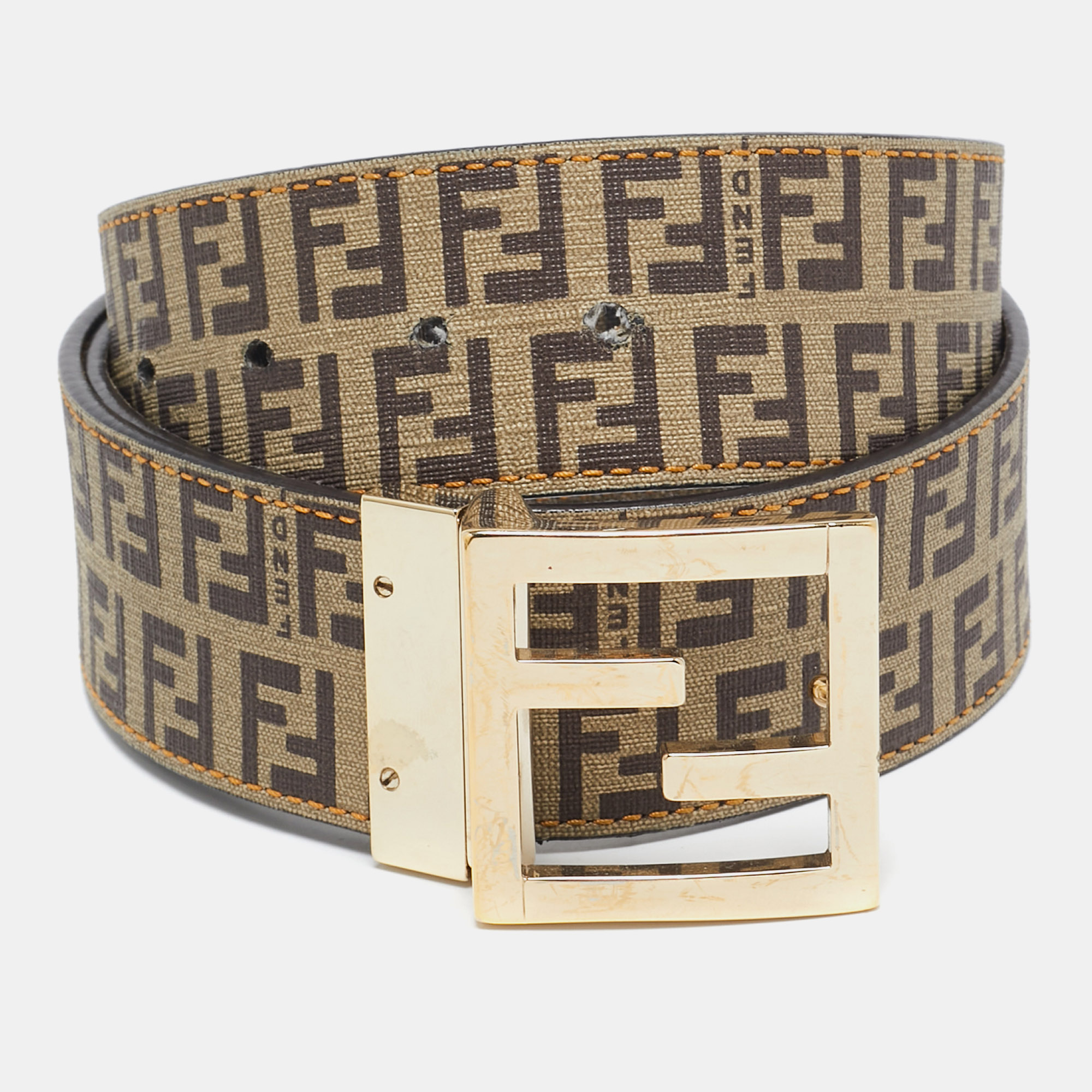 

Fendi Tobacco Zucchino and Zucca Coated Canvas FF Buckle Reversible Belt, Brown