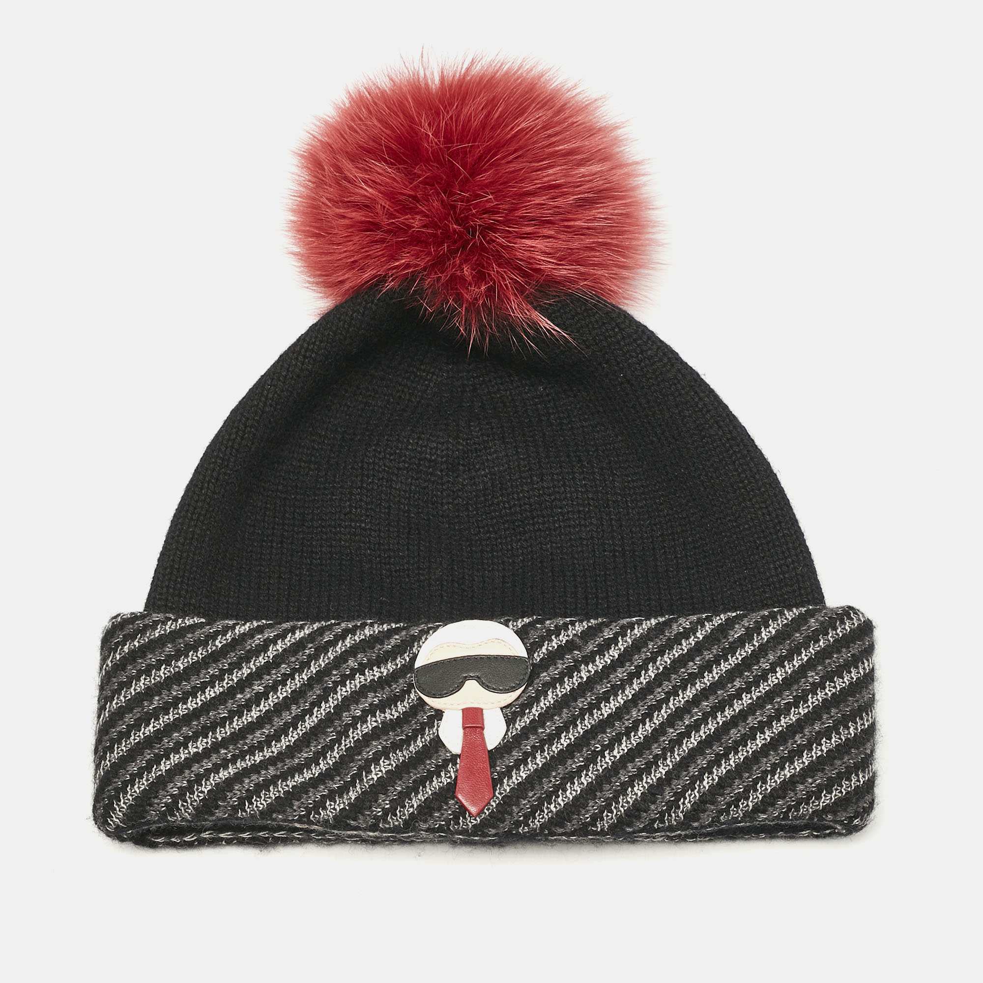 

Fendi x Karl Lagerfeld Black Applique Cashmere Pom Pom Beanie