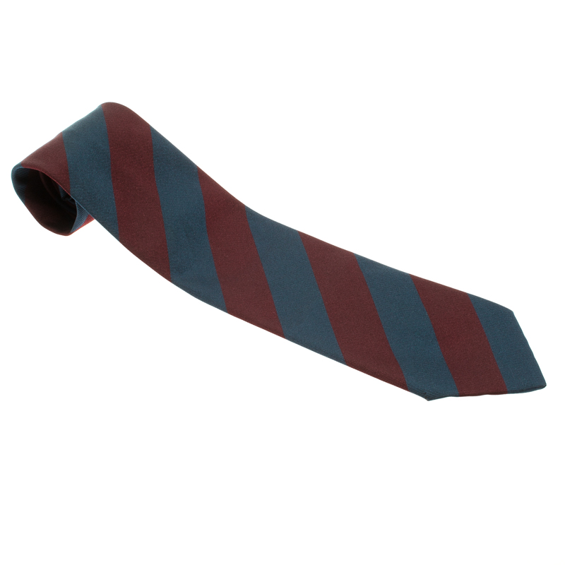 Fendi Navy Blue and Maroon Striped Silk Tie 