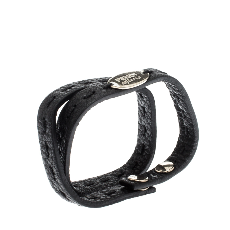 

Fendi Selleria Black Leather Silver Tone Double Wrap Bracelet