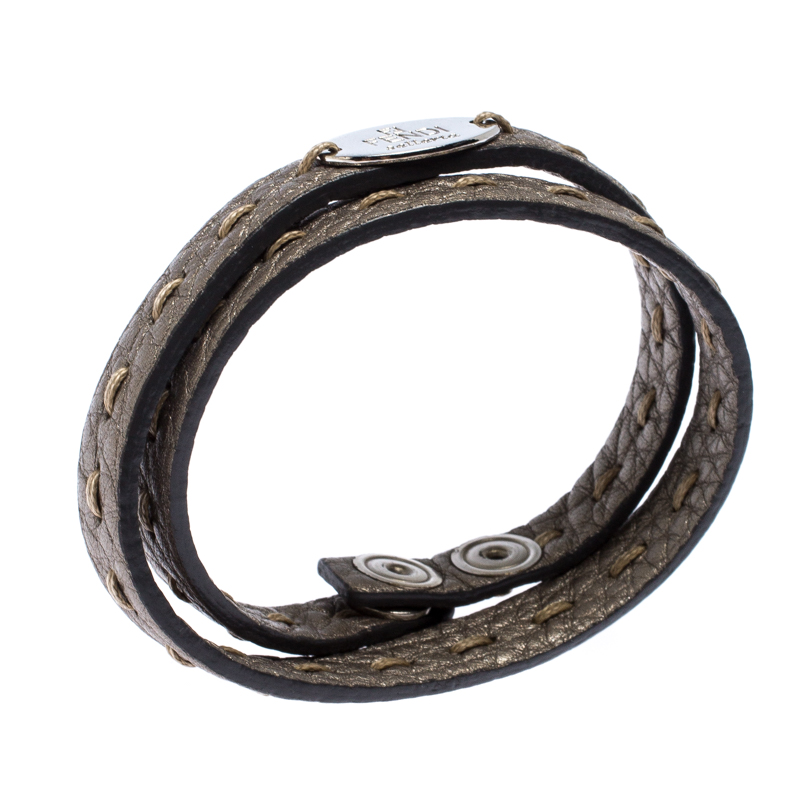 

Fendi Selleria Metallic Leather Silver Tone Double Wrap Bracelet