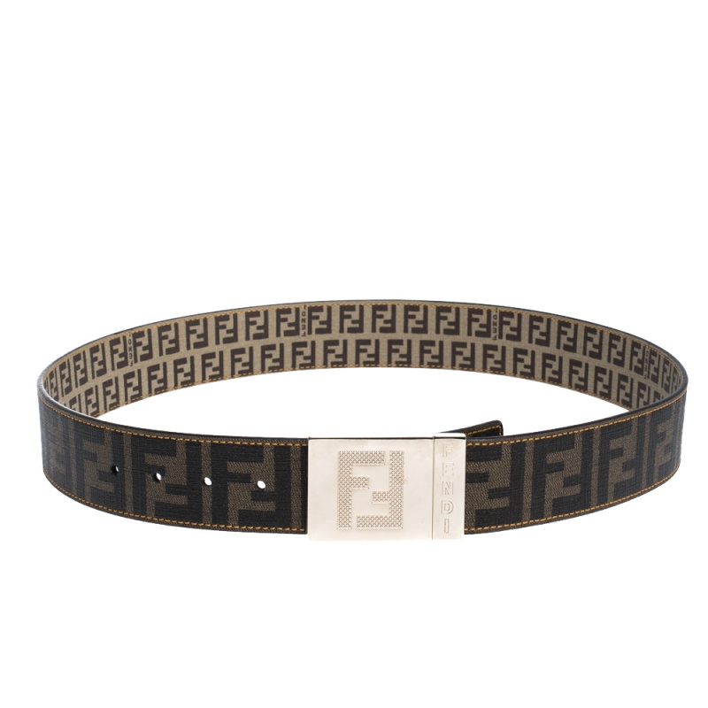 Pre Owned Fendi Tobacco Zucca Coated Canvas Reversible Plaque Buckle Belt 95CM