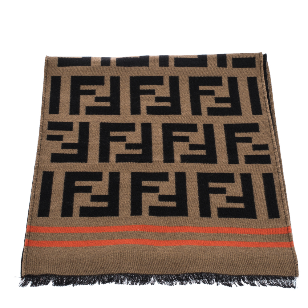 

Fendi Brown Contrast Stripe FF Wool Jacquard Scarf