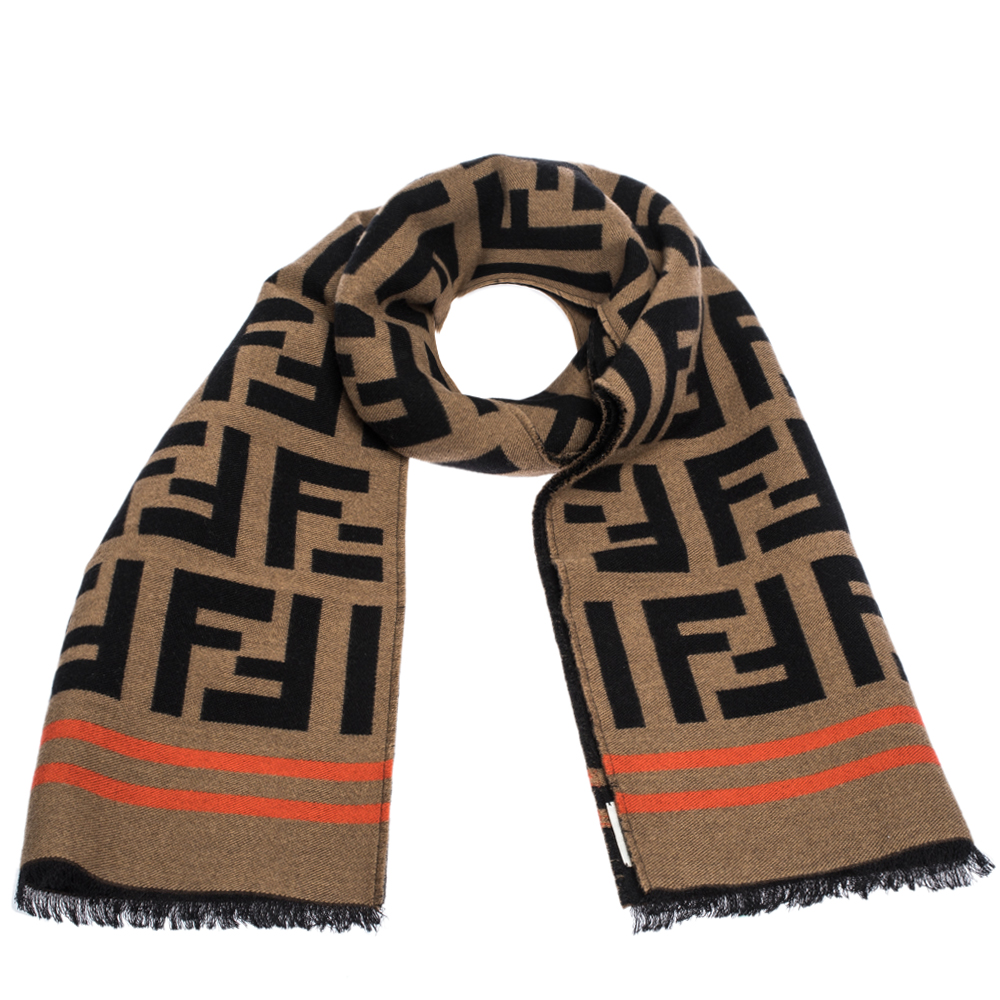 Fendi Brown Contrast Stripe FF Wool Jacquard Scarf Fendi | TLC