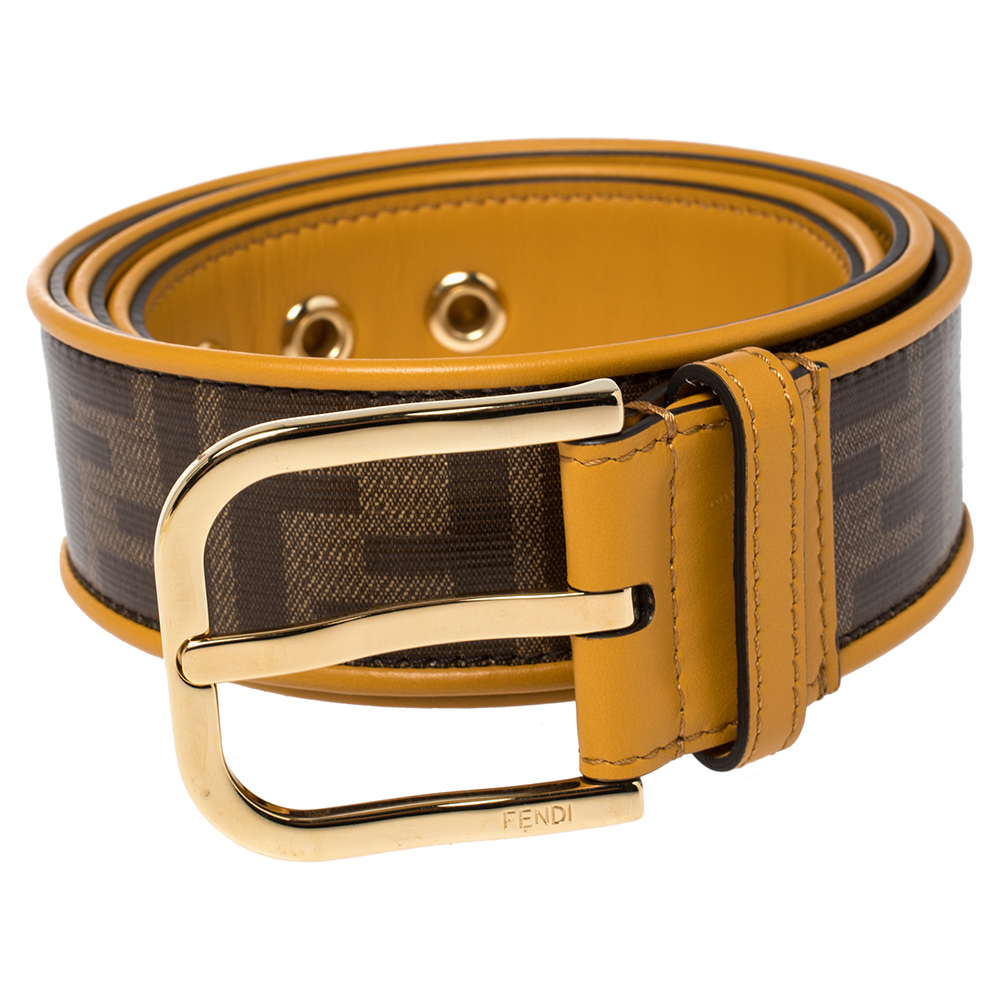 

Fendi Mustard Yellow/Tobacco Zucca Coated Canvas and Leather Trim Buckle Belt