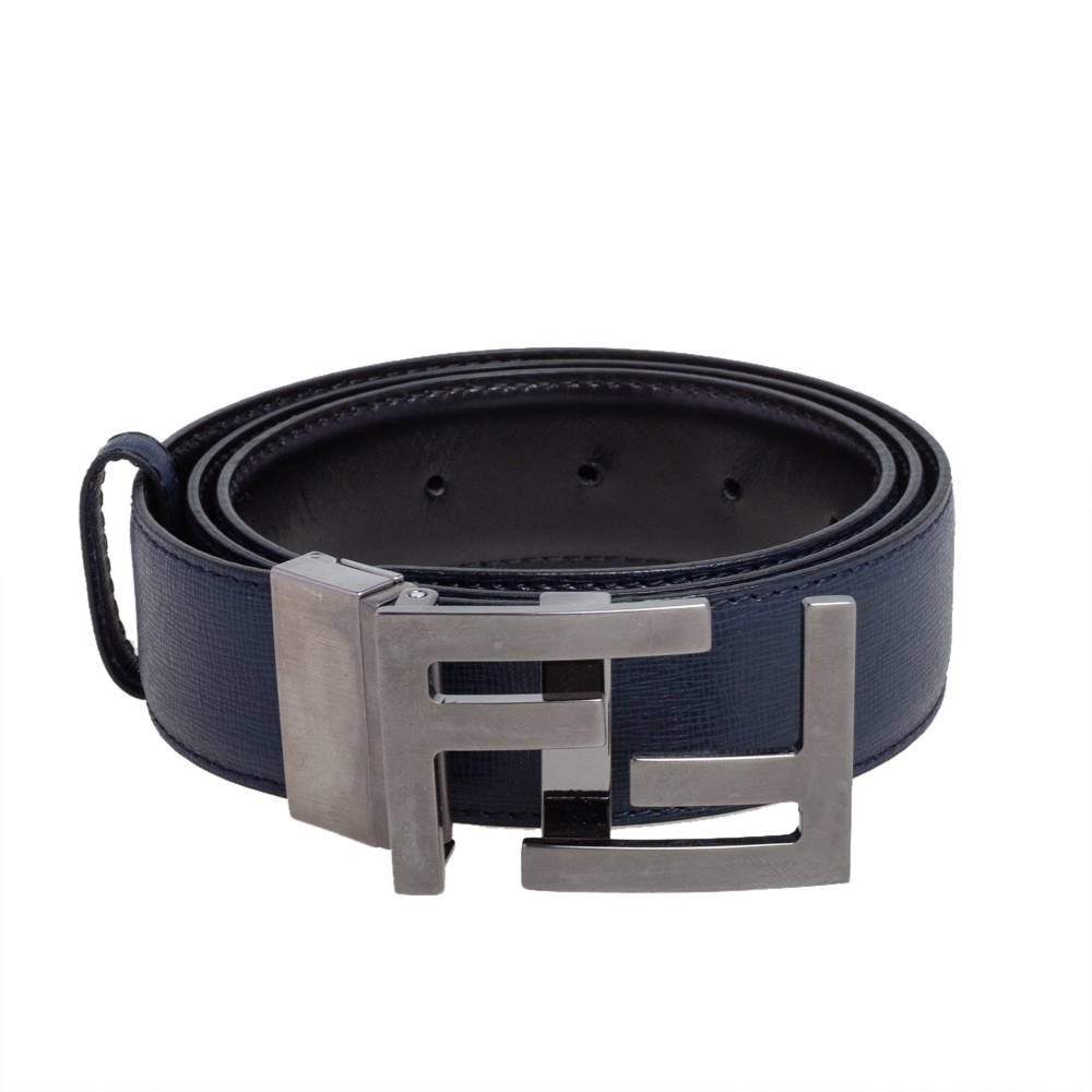 

Fendi Navy Blue/Black Leather FF Logo Buckle Reversible Belt