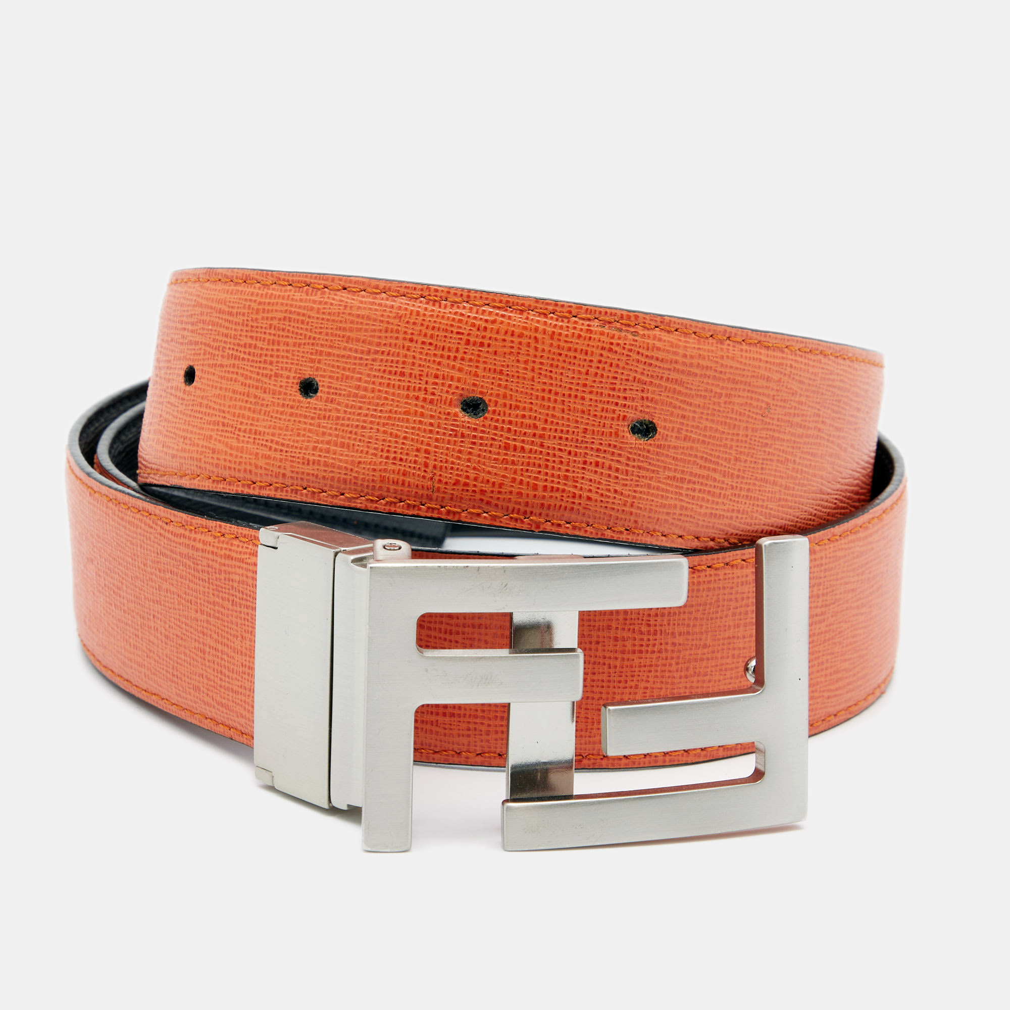 

Fendi Black/Orange Leather FF Logo Buckle Reversible Belt