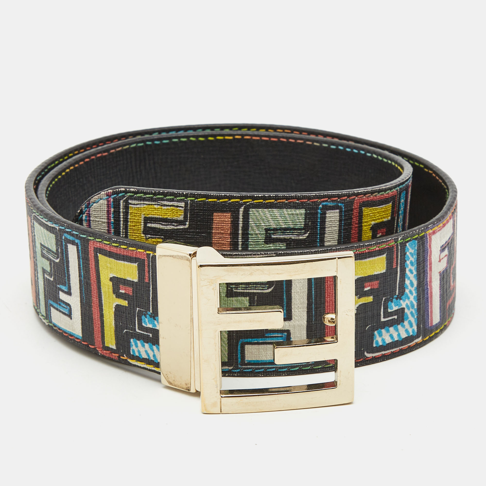 

Fendi Multicolor Zucca Coated Canvas and Leather FF Logo Reversible Belt