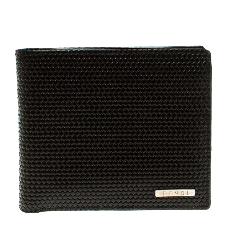 Fendi Dark Brown Woven Embossed Leather Bi Fold Wallet