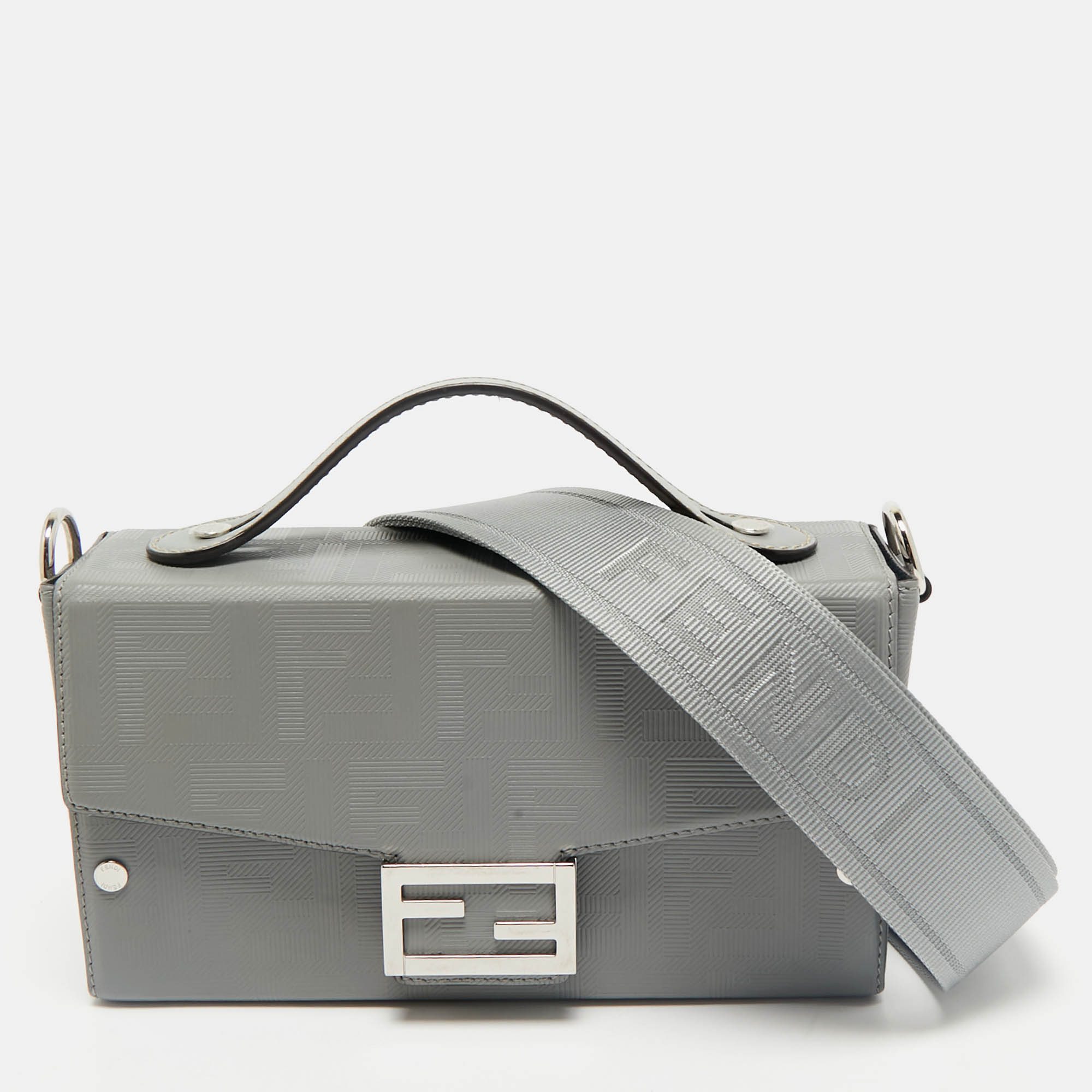 

Fendi Grey FF Embossed Leather Soft Trunk Baguette Bag
