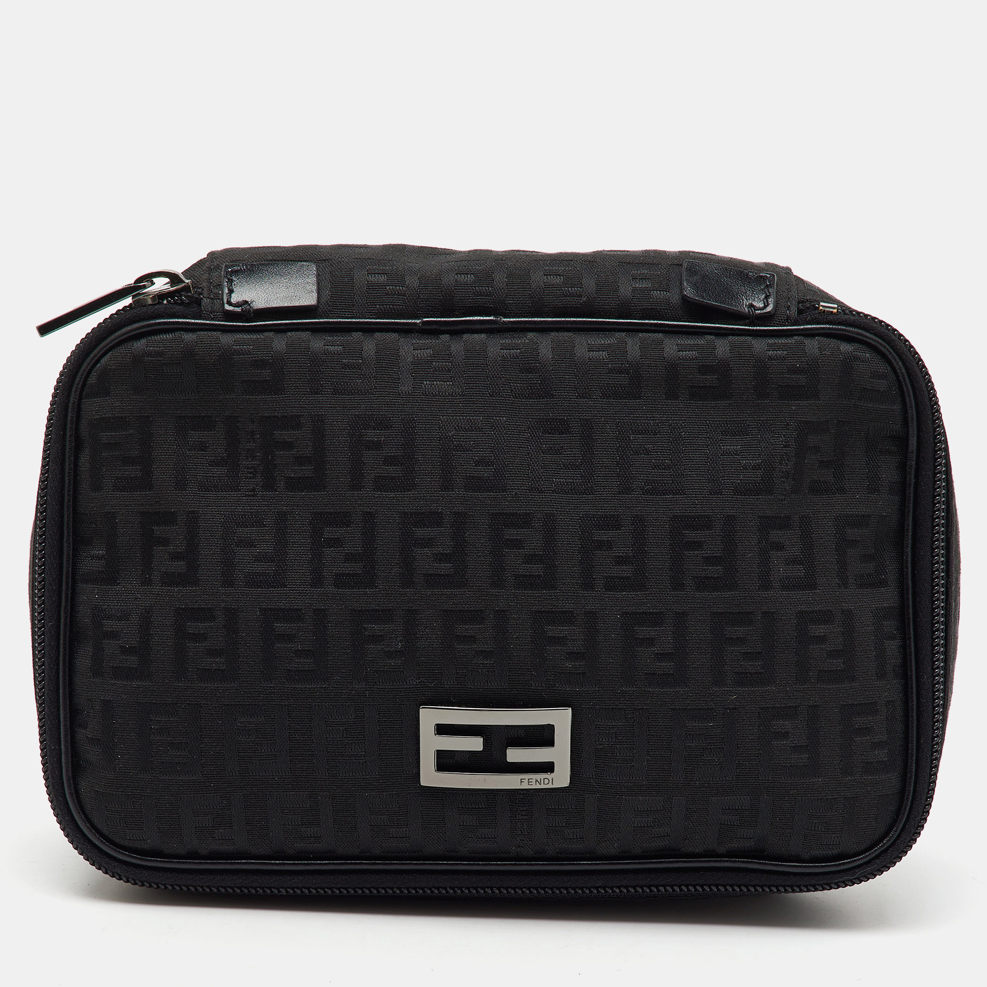 

Fendi Black Zucchino Canvas and Leather Zip Around Pouch