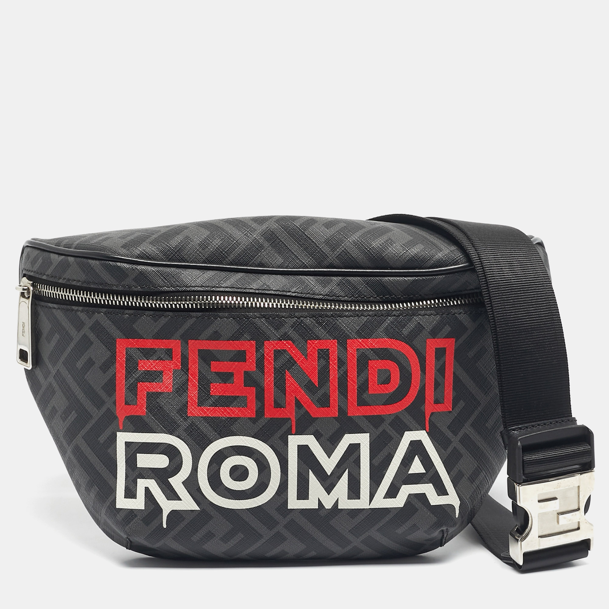 Pre-owned Fendi Black/grey Ff Coated Canvas Logo Print Belt Bag