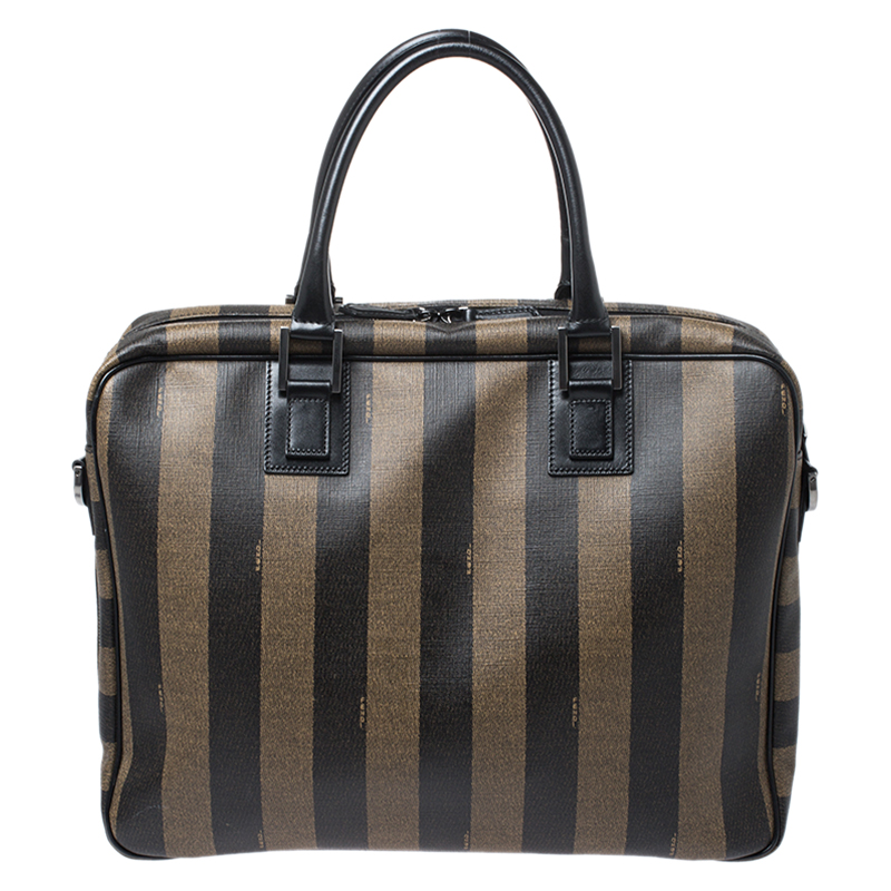 Fendi Khaki/Black Pequin Stripe Coated Canvas Briefcase