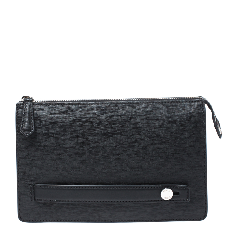 Pre Owned Fendi Black Leather Metal Bugs Clutch