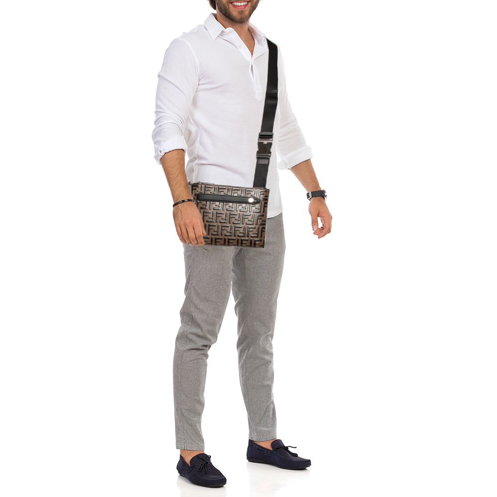 

Fendi Brown FF Logo Embossed Leather Messenger Bag