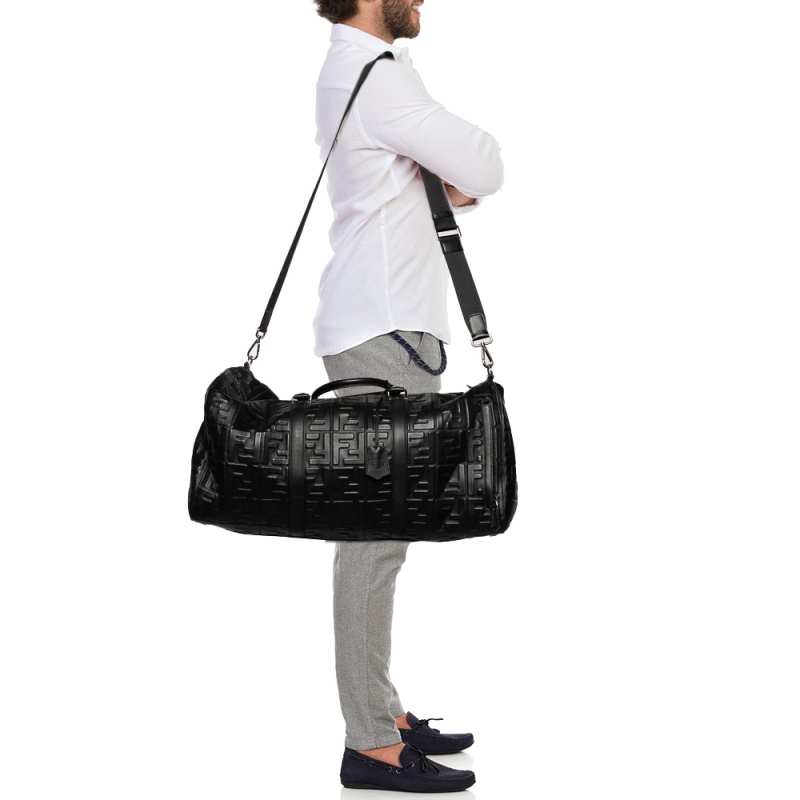 

Fendi Black Logo Embossed Leather Holdall Bag