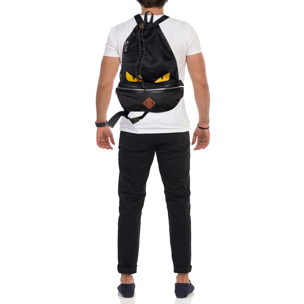 

Fendi Black Nylon,Knit Fabric and Leather Mono Eye Bug Backpack