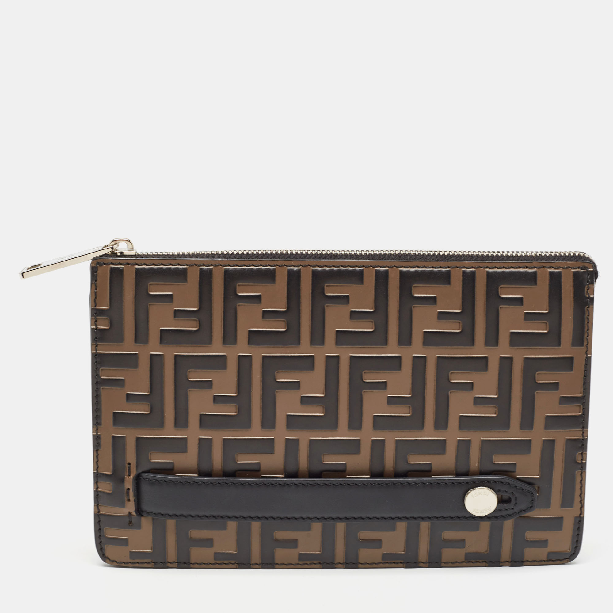 

Fendi Black/Tobacco Zucca Embossed Leather Zip Pouch