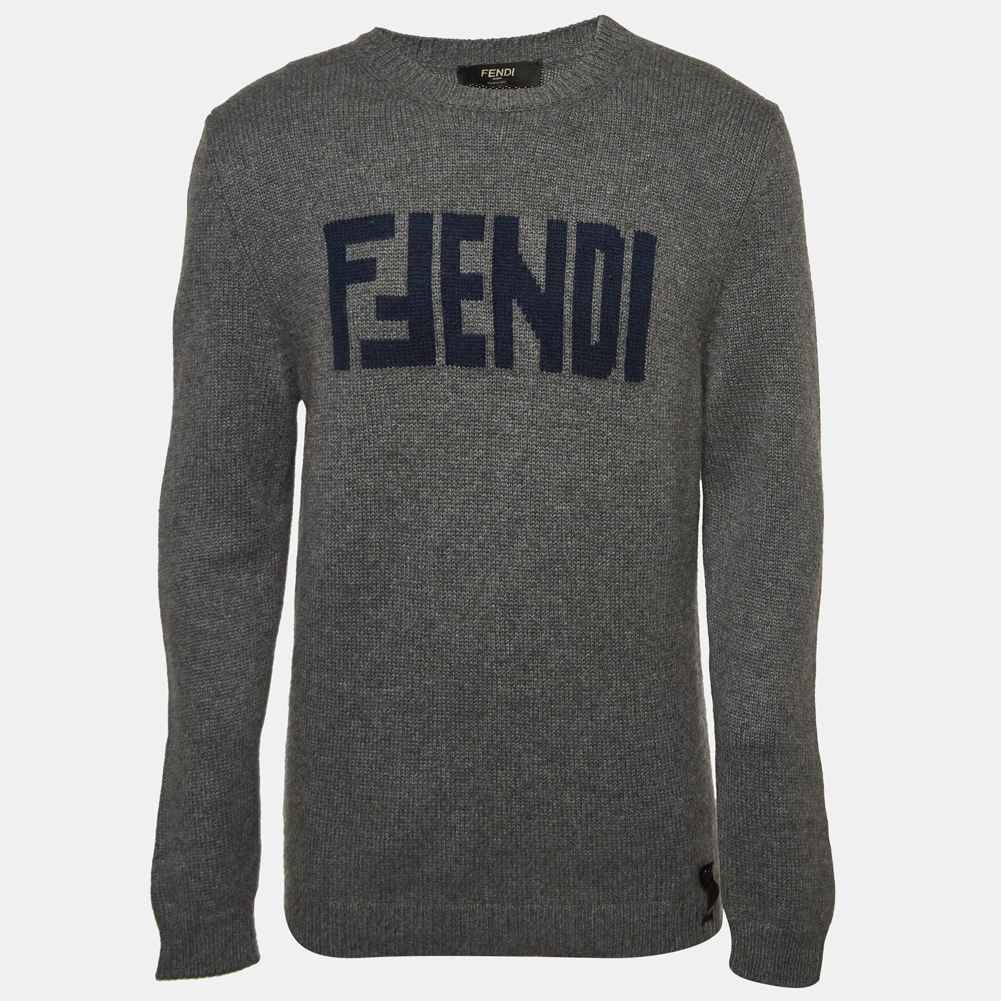 

Fendi Grey Logo Intarsia Cashmere Knit Sweater M