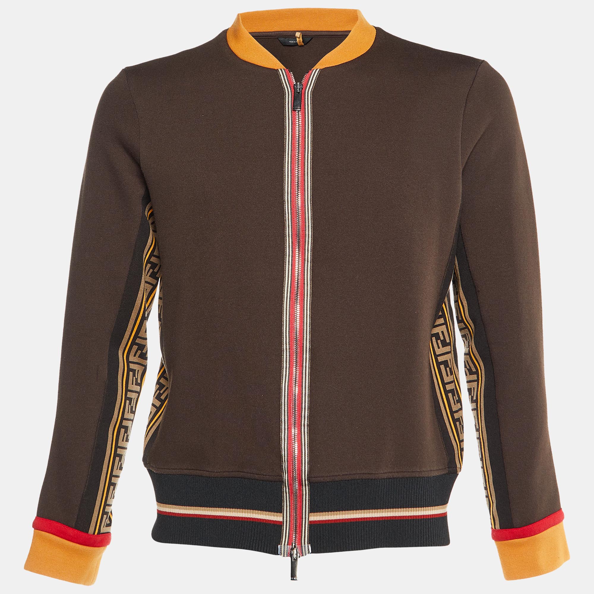 

Fendi Brown Knit Zucca FF Logo Trimmed Zip-Up Jacket S