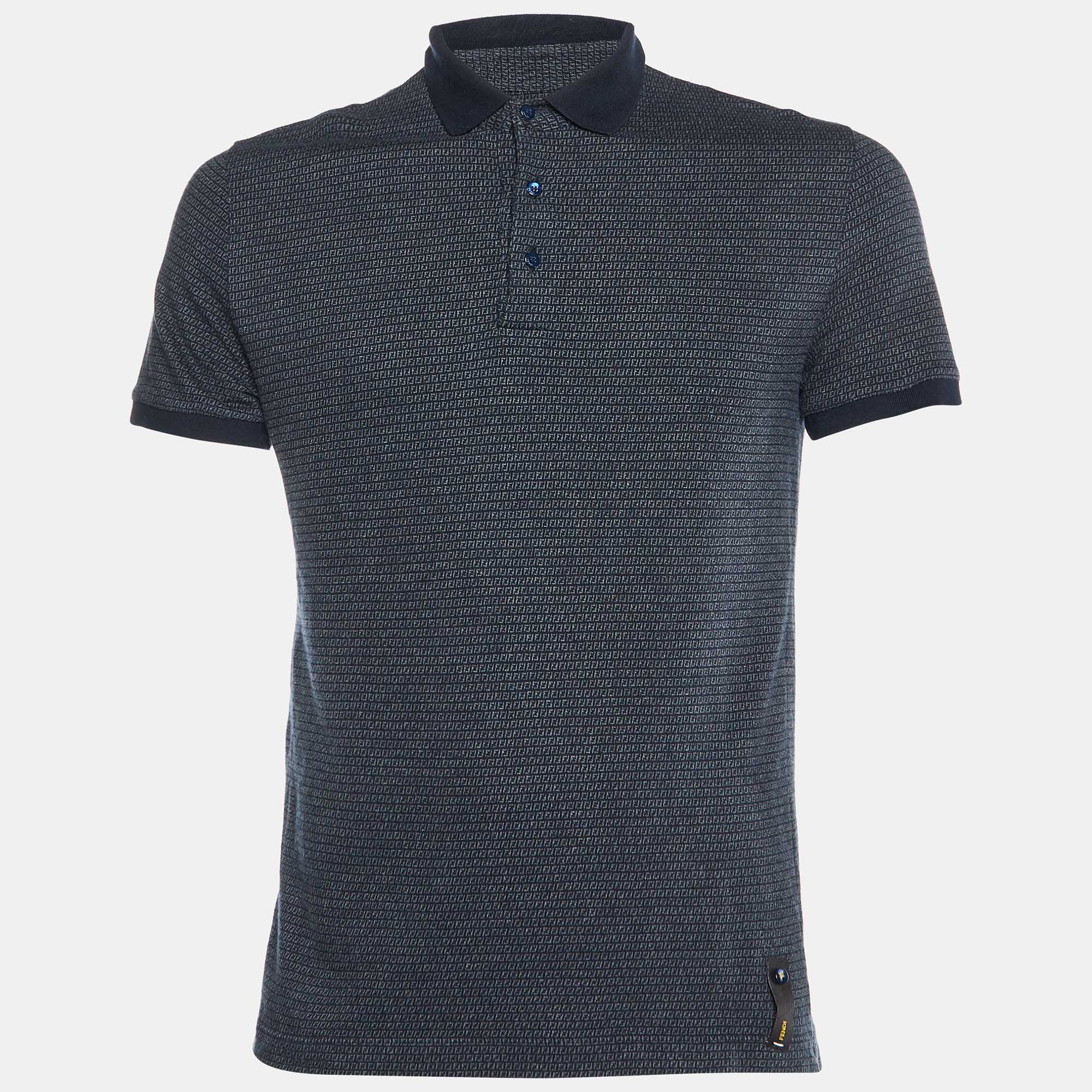 

Fendi Blue FF Monogram Patterned Cotton Knit Polo T-Shirt M, Navy blue