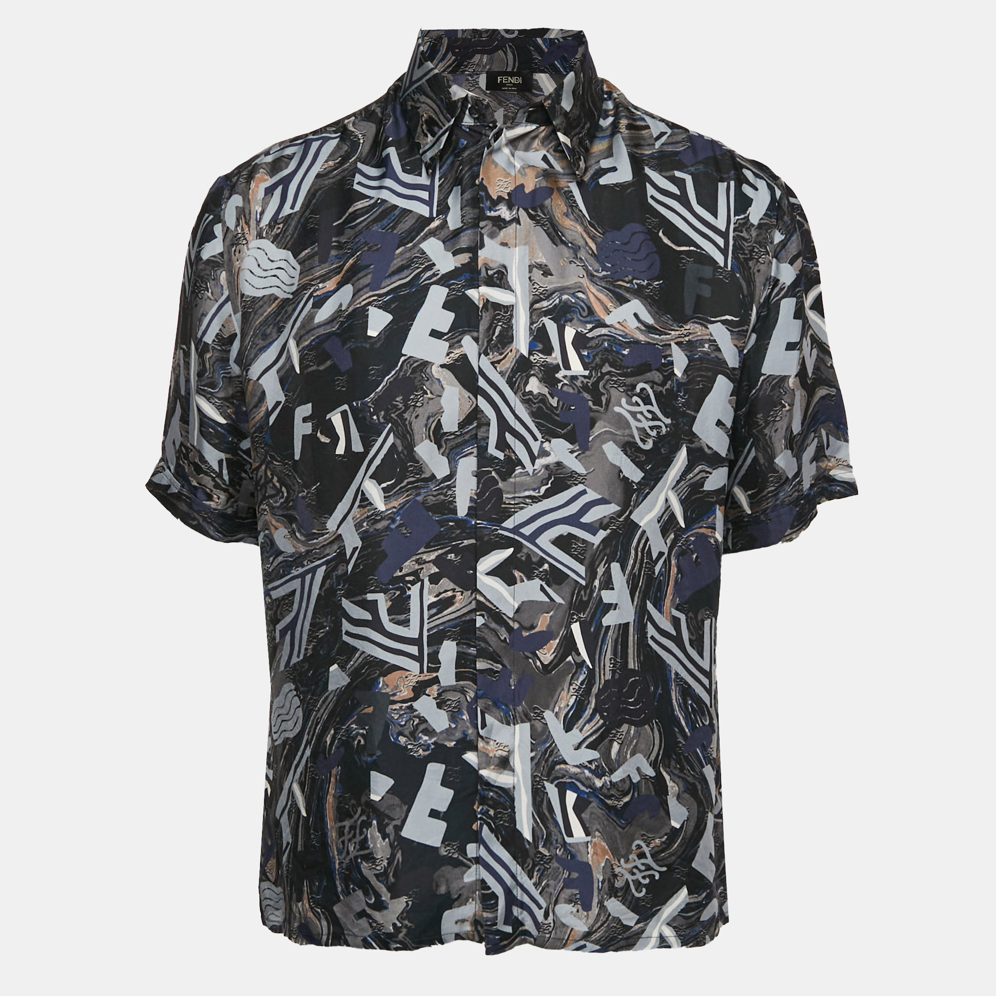 

Fendi Blue Fragment Print Silk Short Sleeve Shirt M