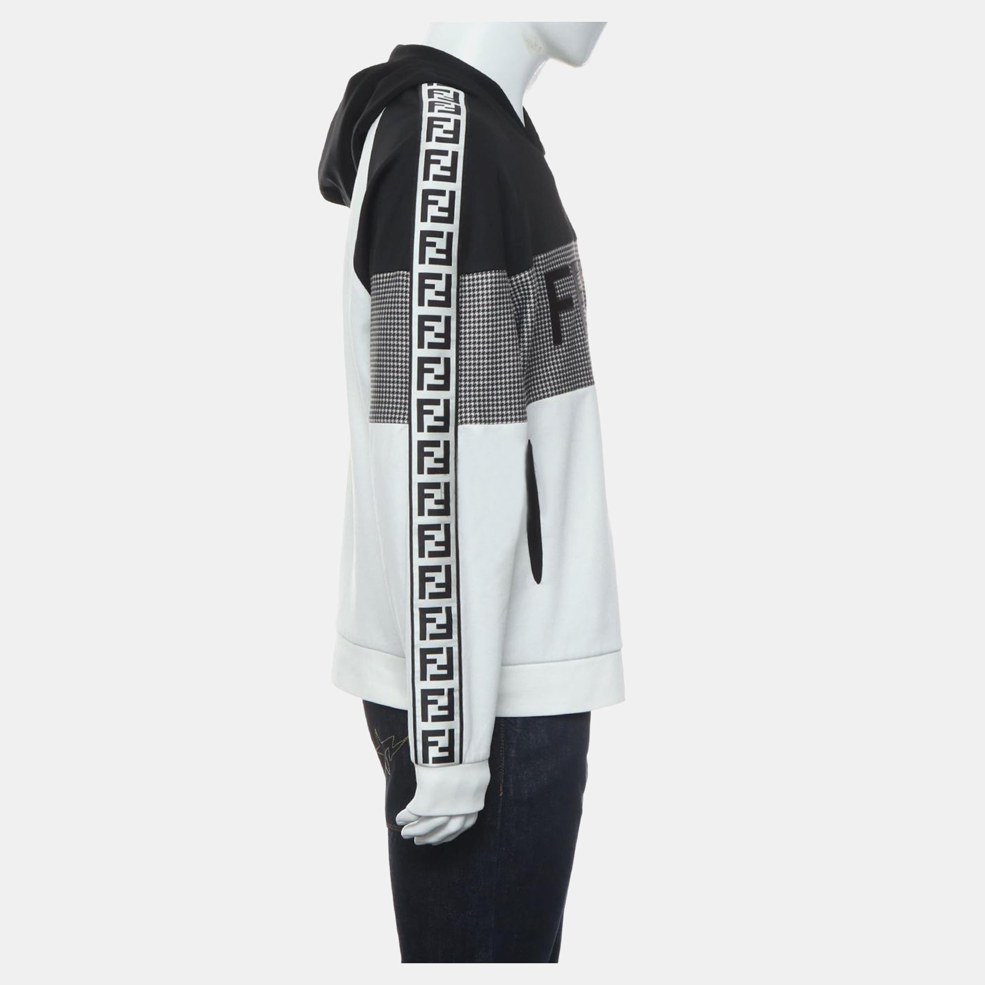 Fendi White, Black Cotton and Polyester Two Tone Zucca Houndstooth Hoodie M 