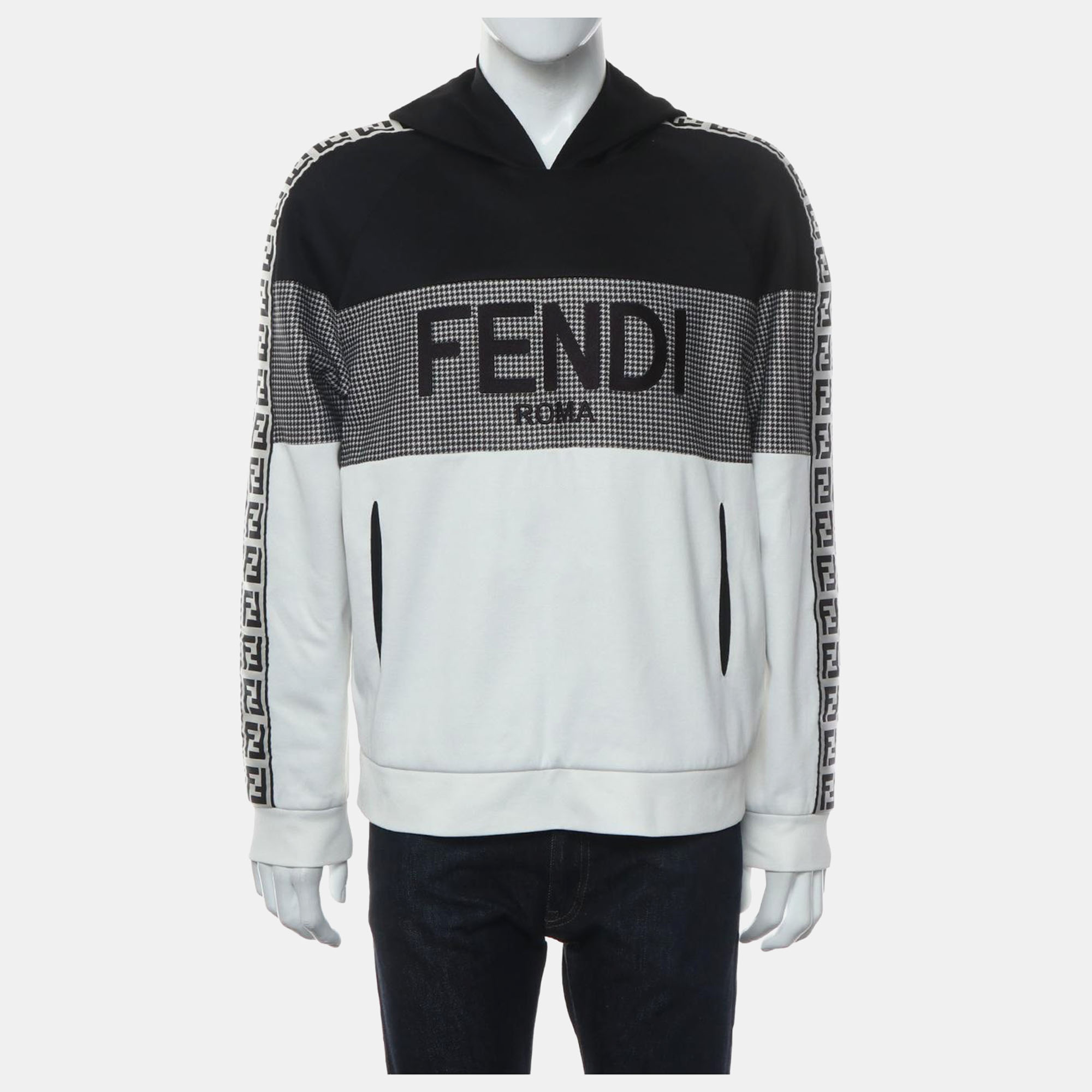 Fendi White, Black Cotton and Polyester Two Tone Zucca Houndstooth Hoodie M 