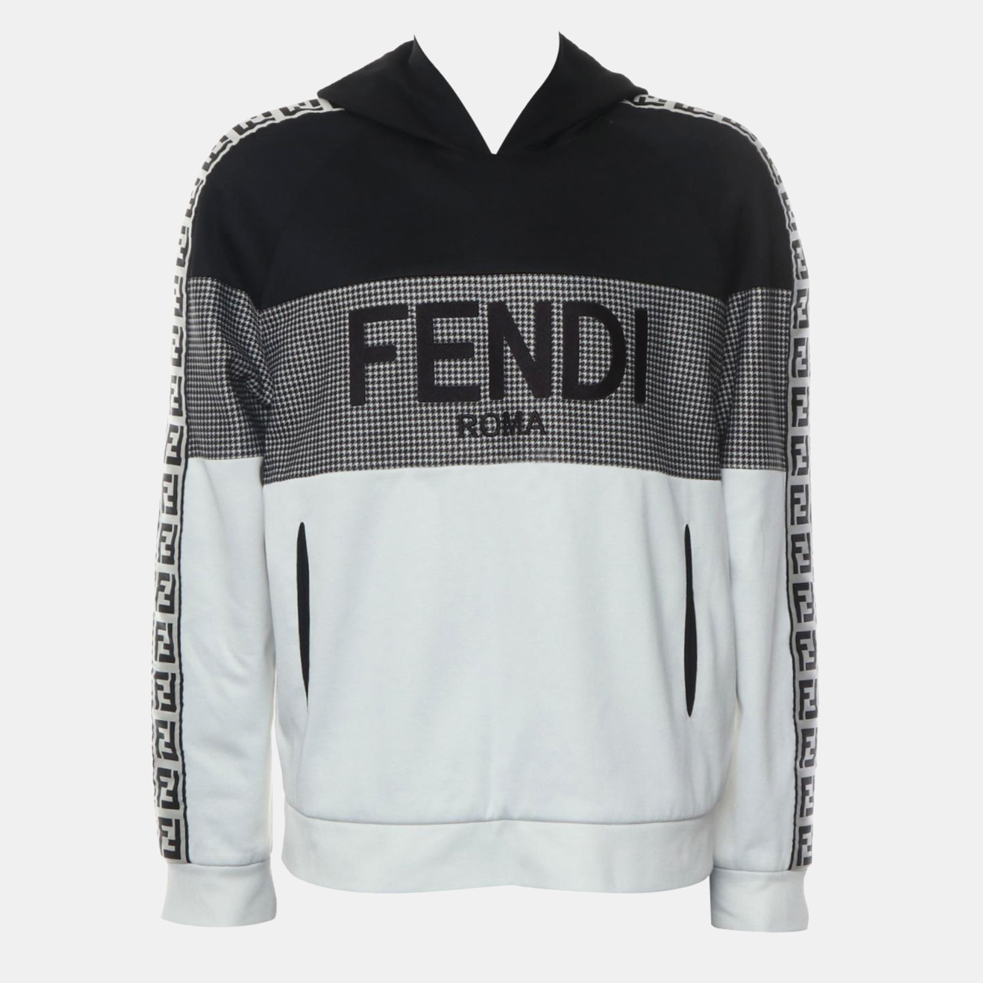 

Fendi White, Black Cotton and Polyester Two Tone Zucca Houndstooth Hoodie