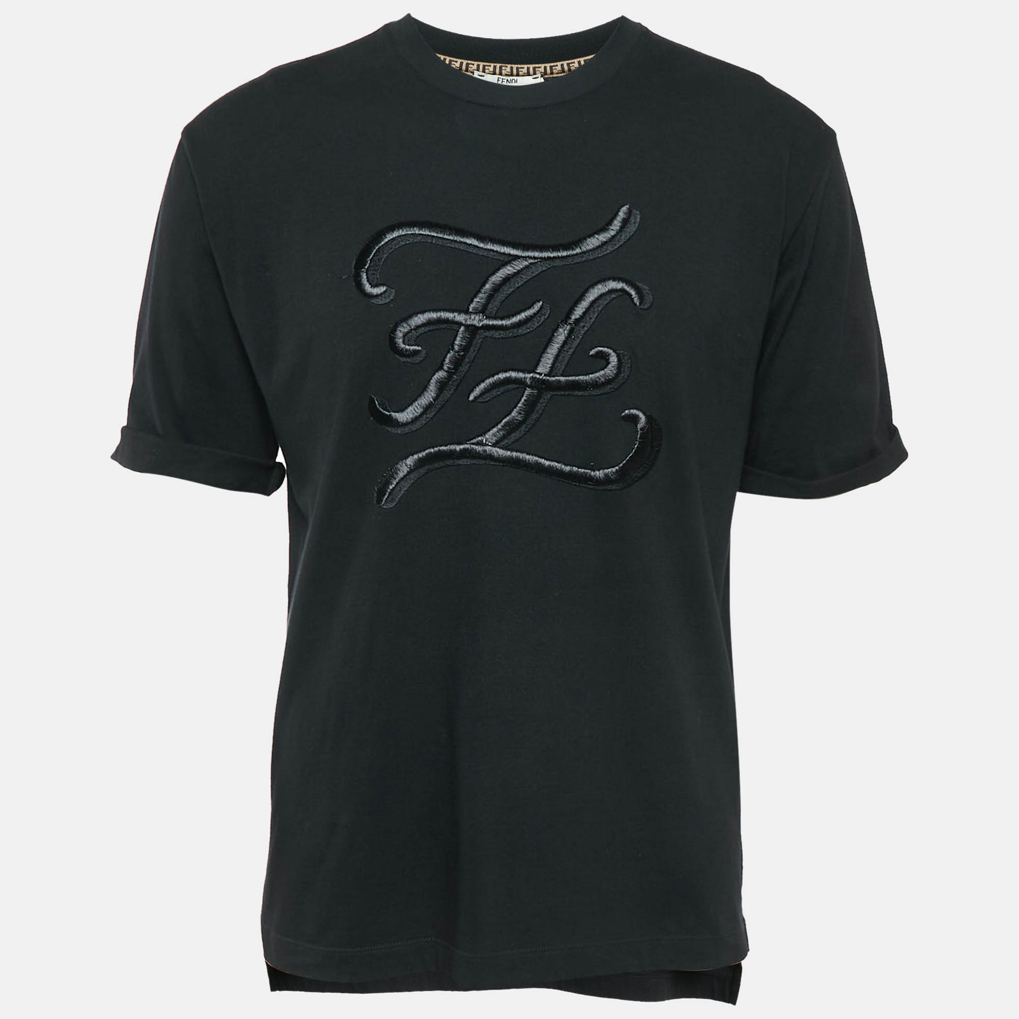 

Fendi Black FF Karligraphy Embroidered Jersey Crew Neck T-Shirt L