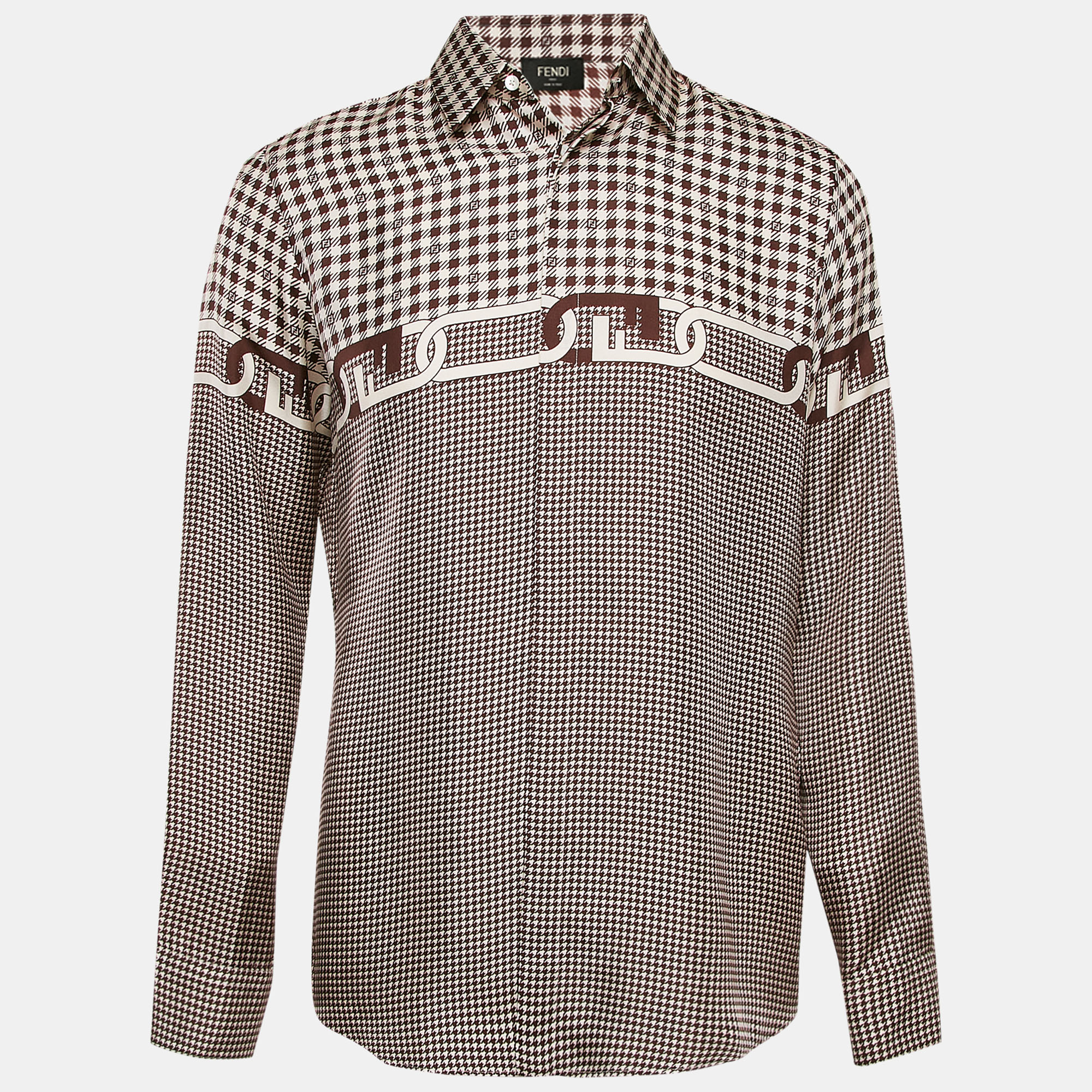 

Fendi Brown Houndstooth Print Silk Button Front Shirt L