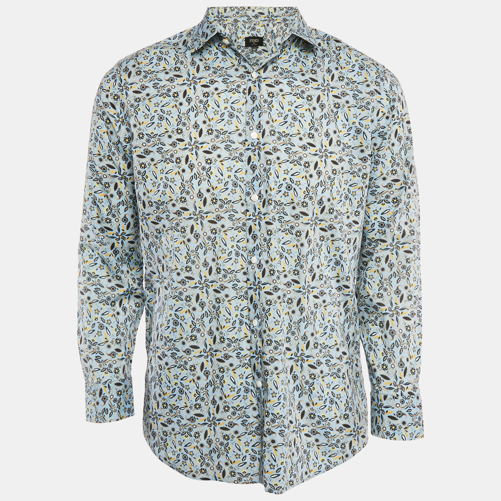 

Fendi Blue Floral Print Cotton Button Front Shirt M