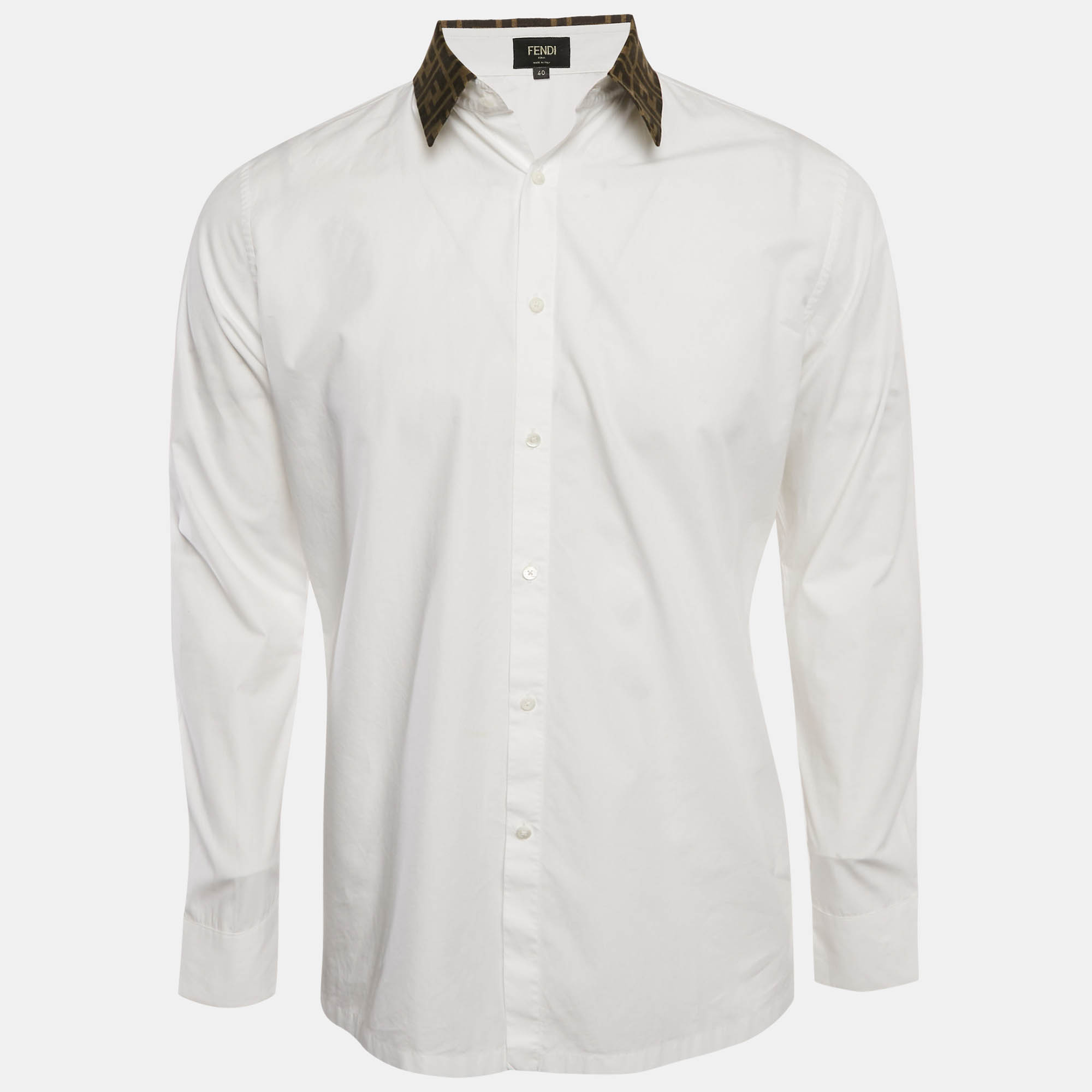

Fendi White FF Print Collar Cotton Long Sleeve Shirt L