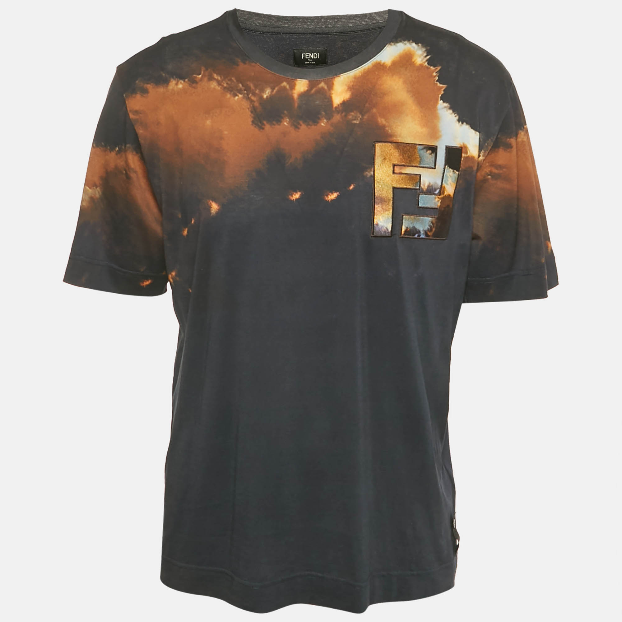 

Fendi Midnight Blue Printed Cotton Zucca Applique Detail Crew Neck T-Shirt L