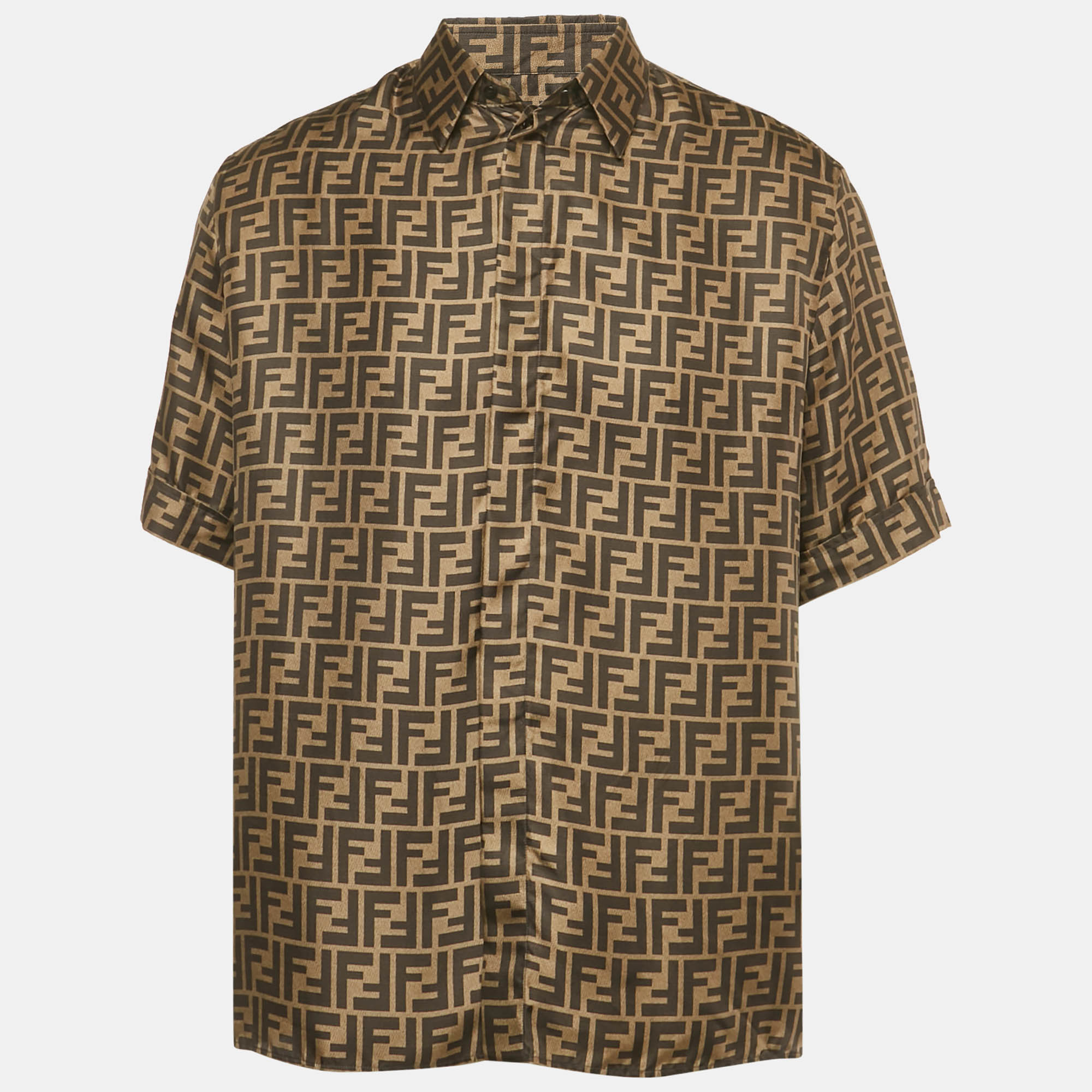 

Fendi Brown Zucca Monogram Print Silk Button Front Shirt L