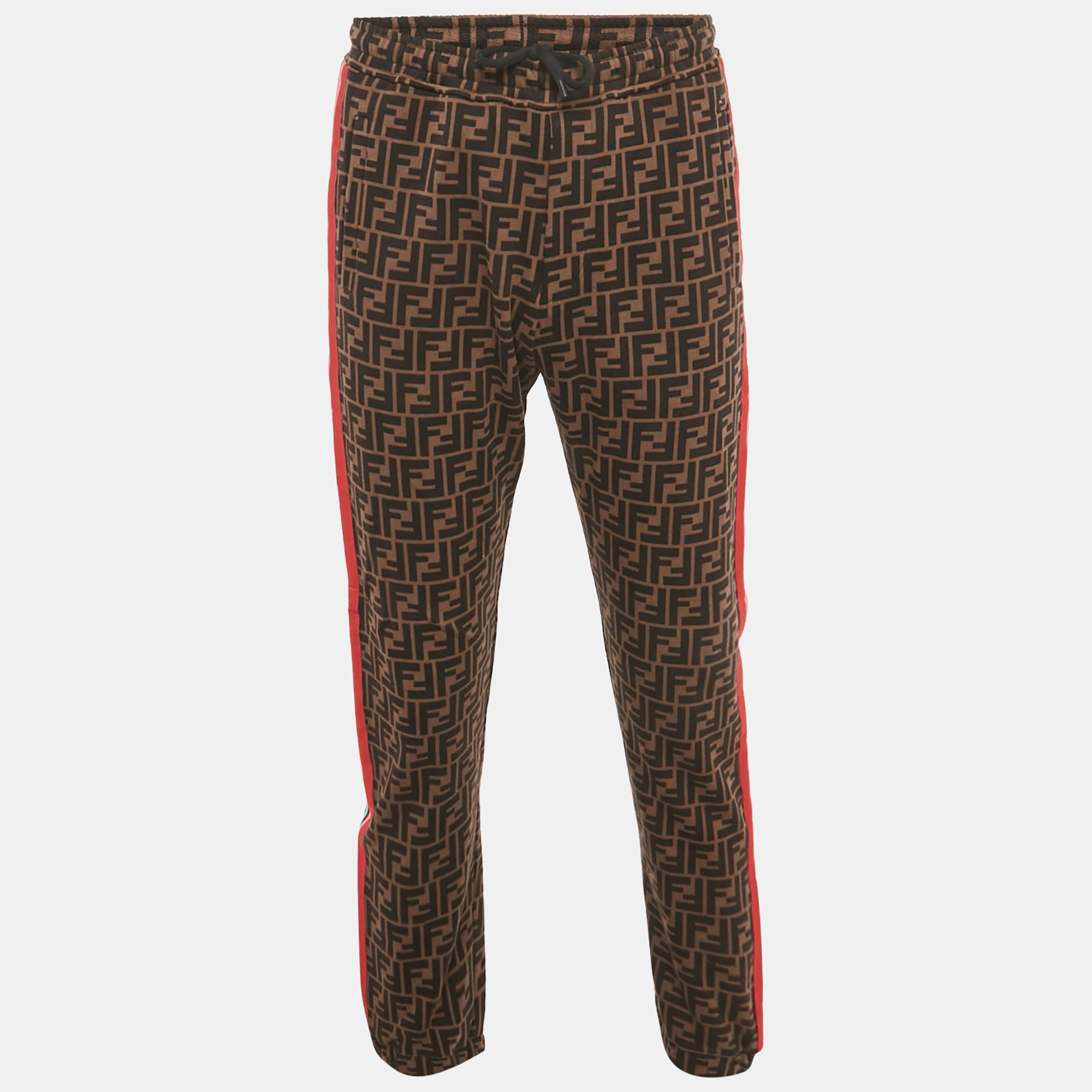 

Fendi Brown Zucca Monogram Cotton Multicolor Stripe Detail Joggers M