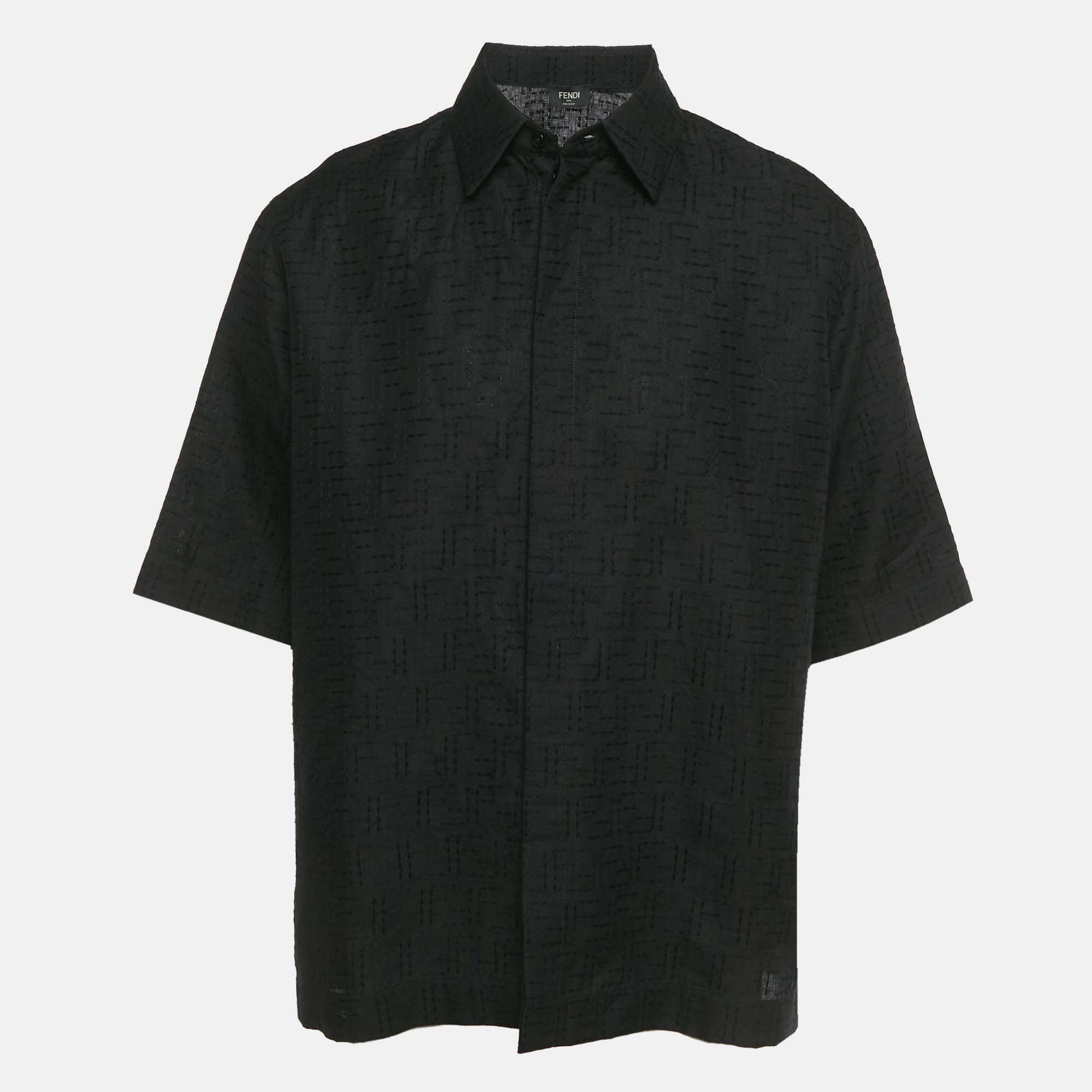 

Fendi Black FF Embroidered Linen Short Sleeve Shirt XL